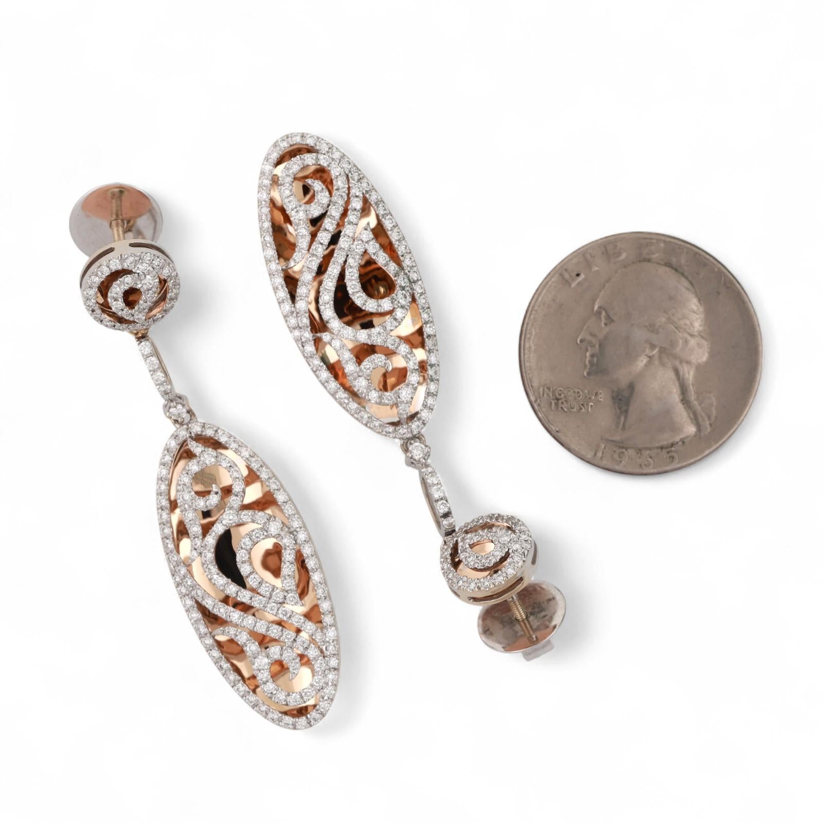 Ladies Diamond Filigree Drop Dangle Earrings 18K Layered Gold 1.54 TW 1.65"