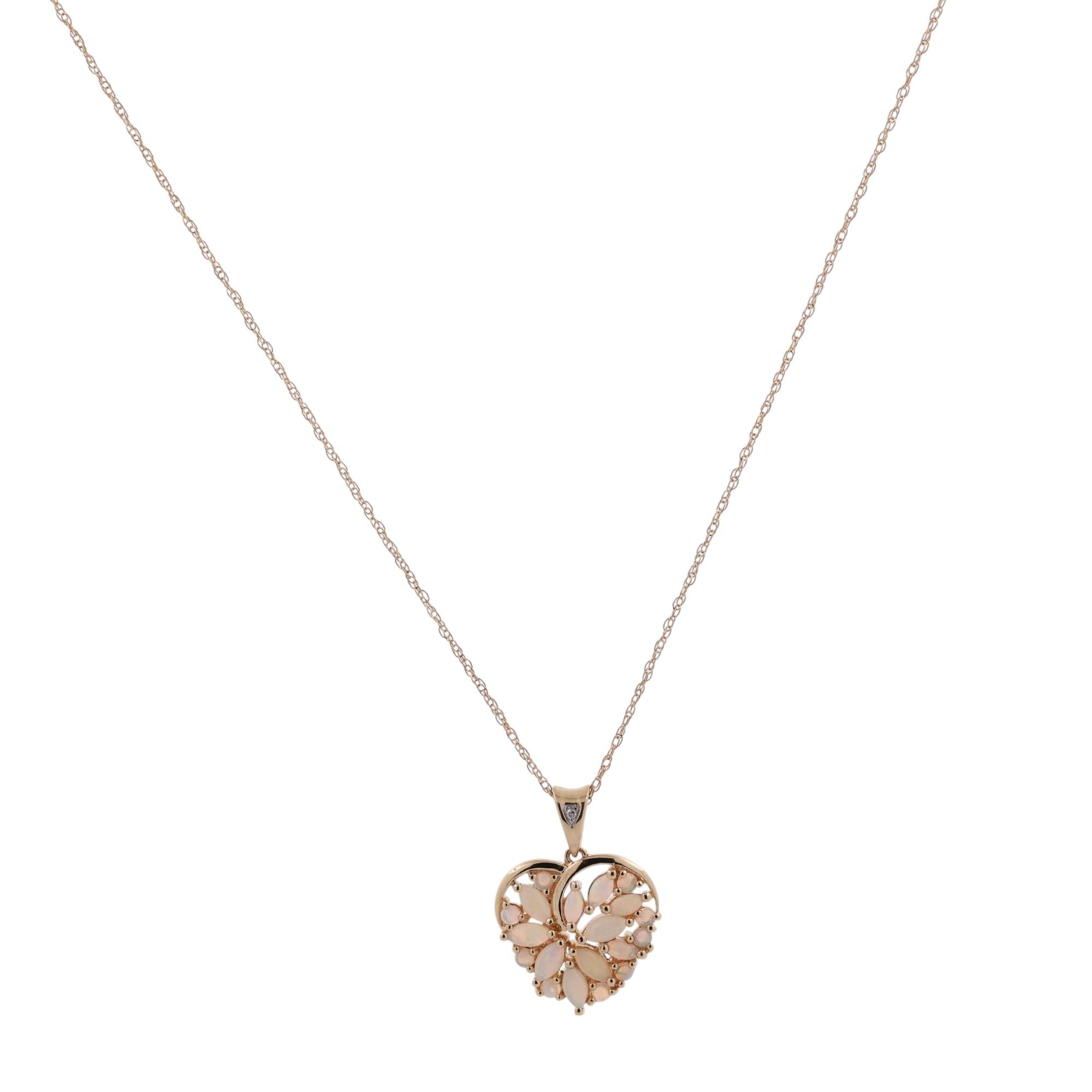 Opal Diamond Heart Pendant Chain Necklace 14K Yellow Gold 0.67 CTW 18" Estate