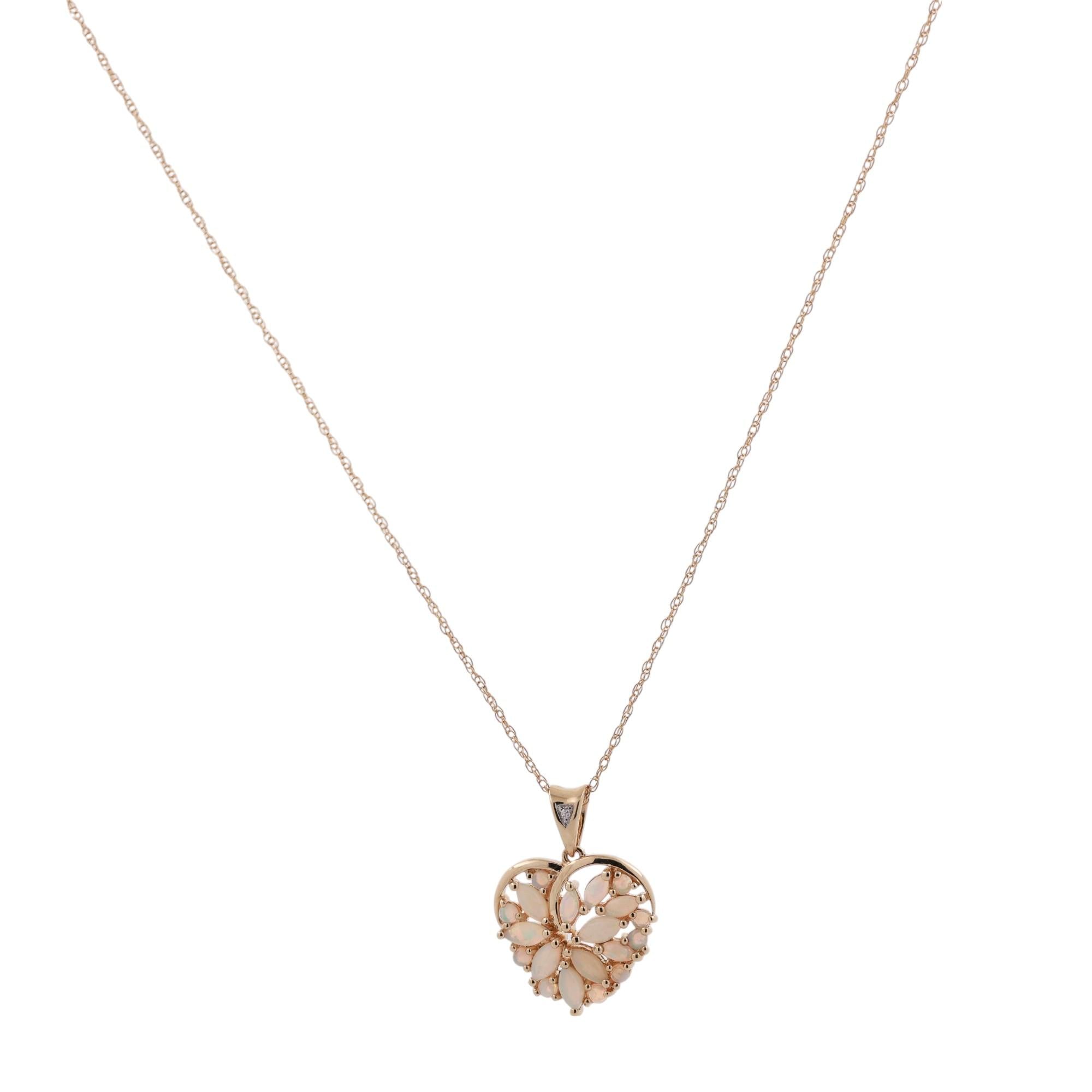 Opal Diamond Heart Pendant Chain Necklace 14K Yellow Gold 0.67 CTW 18" Estate