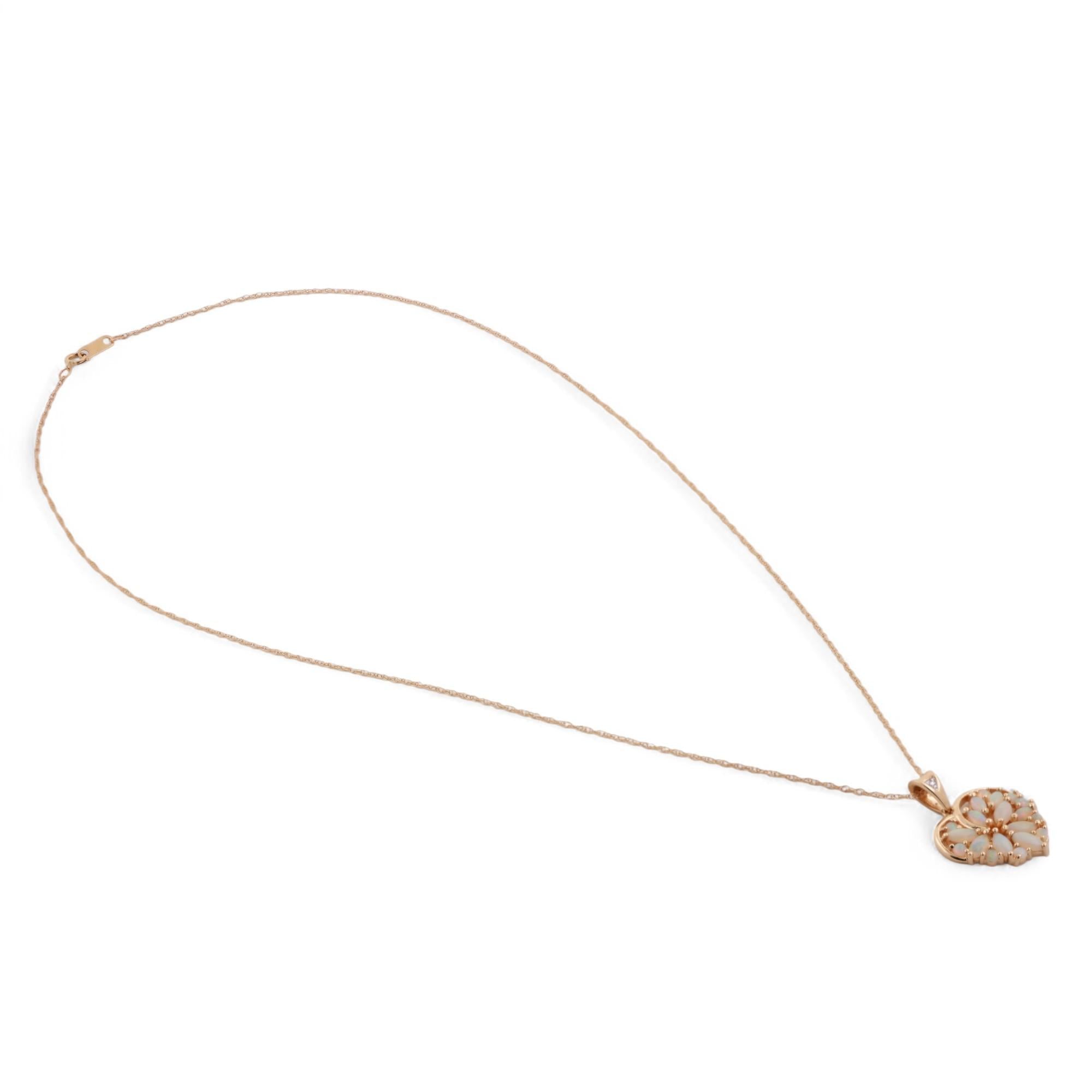 Opal Diamond Heart Pendant Chain Necklace 14K Yellow Gold 0.67 CTW 18" Estate