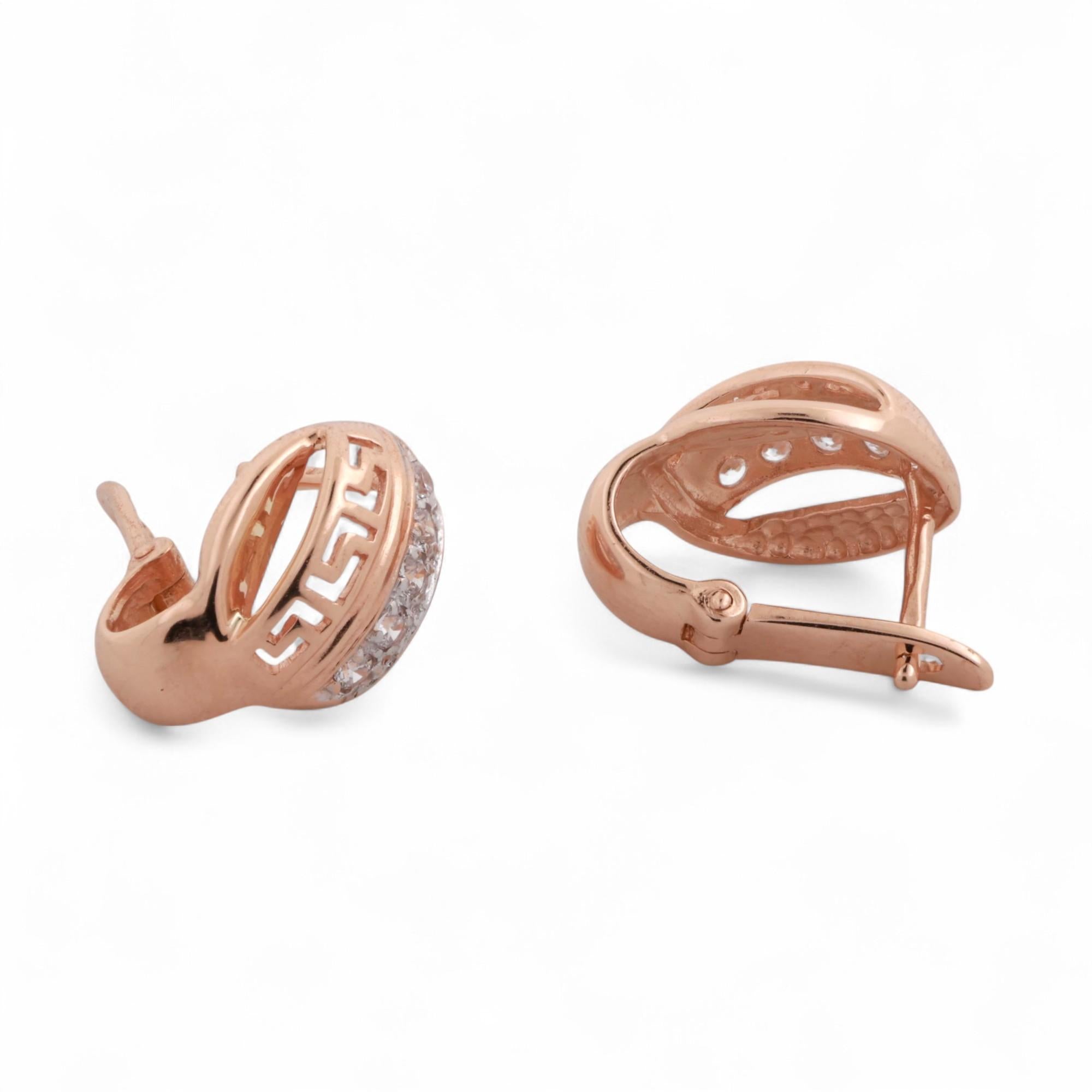Diamond Greek Key Earrings 14K Rose Gold Latch Back 0.35 TW 0.60" Ladies Estate
