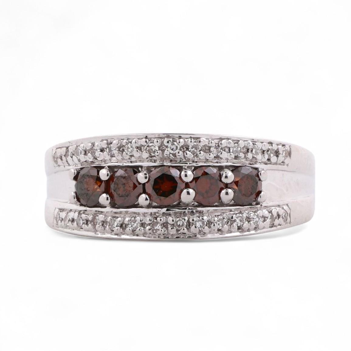 5-Stone Cognac Diamond Accented Band Ring 18K White Gold 0.85 TW Size 7.25