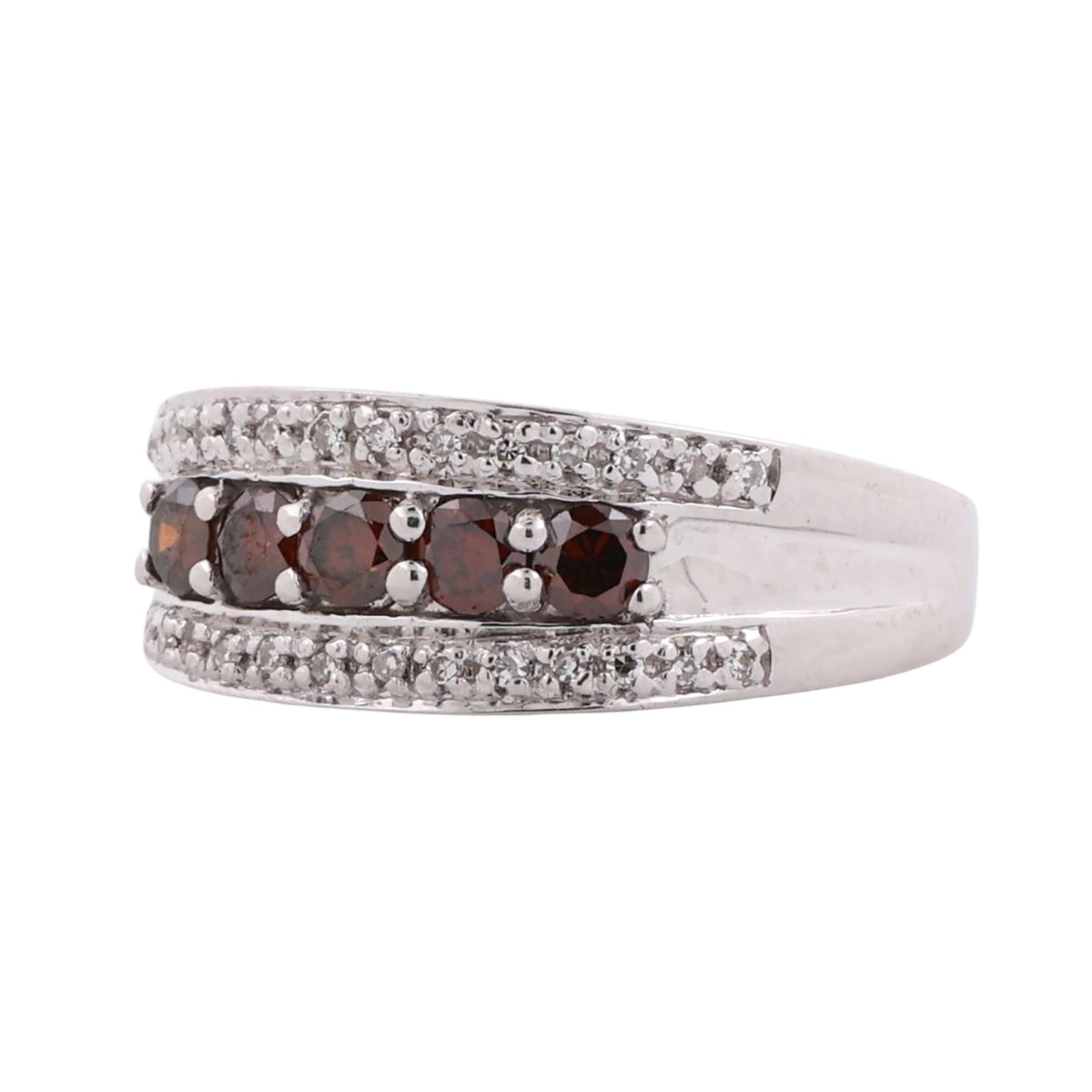 5-Stone Cognac Diamond Accented Band Ring 18K White Gold 0.85 TW Size 7.25