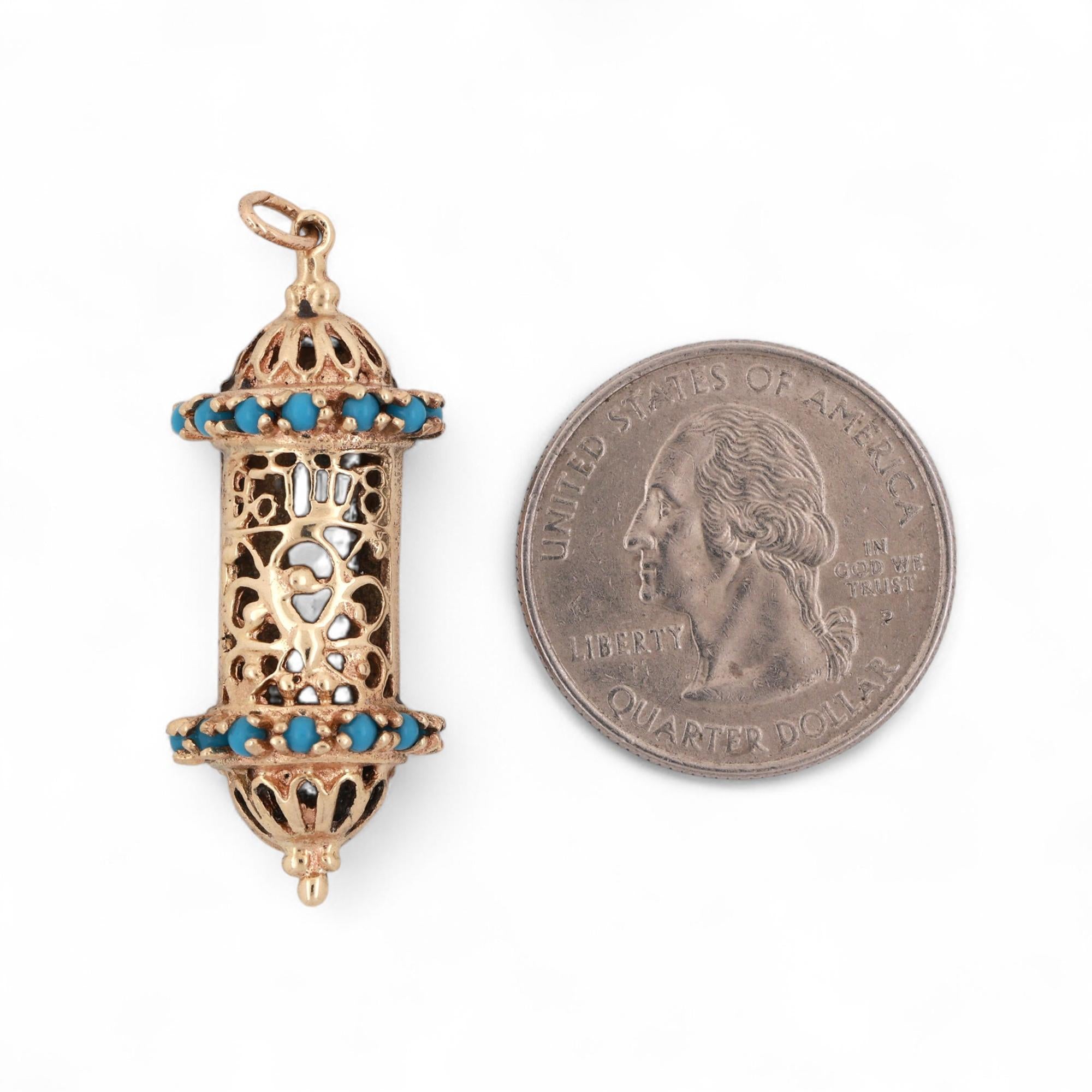 Religious Mezuzah Cover Filigree Charm Pendant 14K Yellow Gold Turquoise Gems