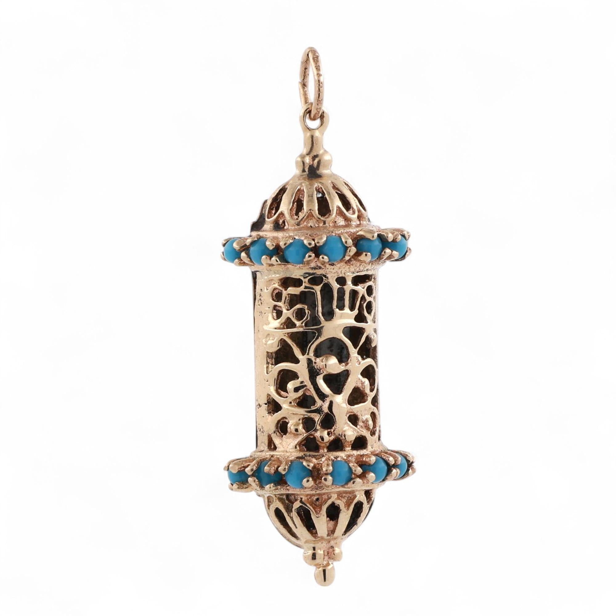 Religious Mezuzah Cover Filigree Charm Pendant 14K Yellow Gold Turquoise Gems