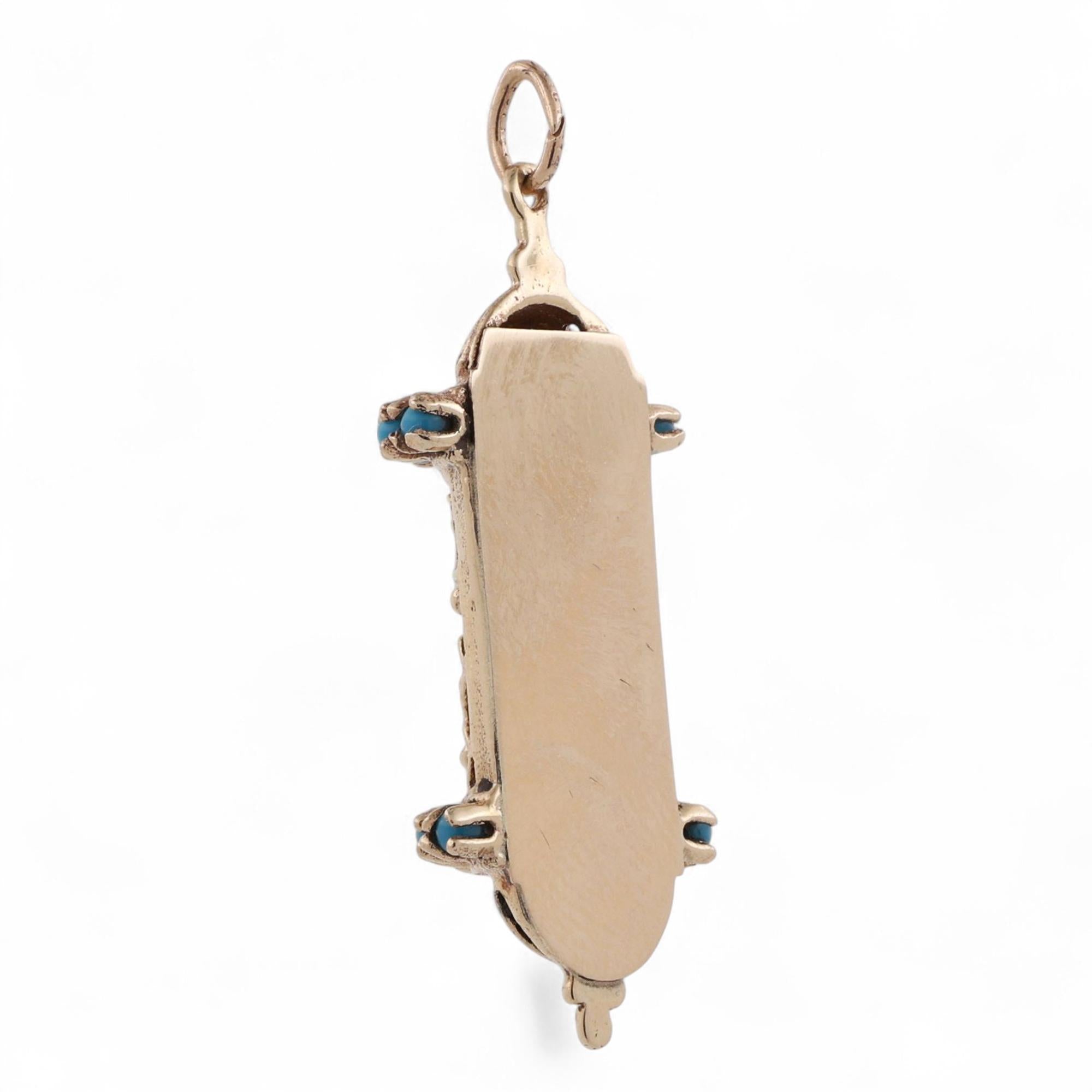 Religious Mezuzah Cover Filigree Charm Pendant 14K Yellow Gold Turquoise Gems
