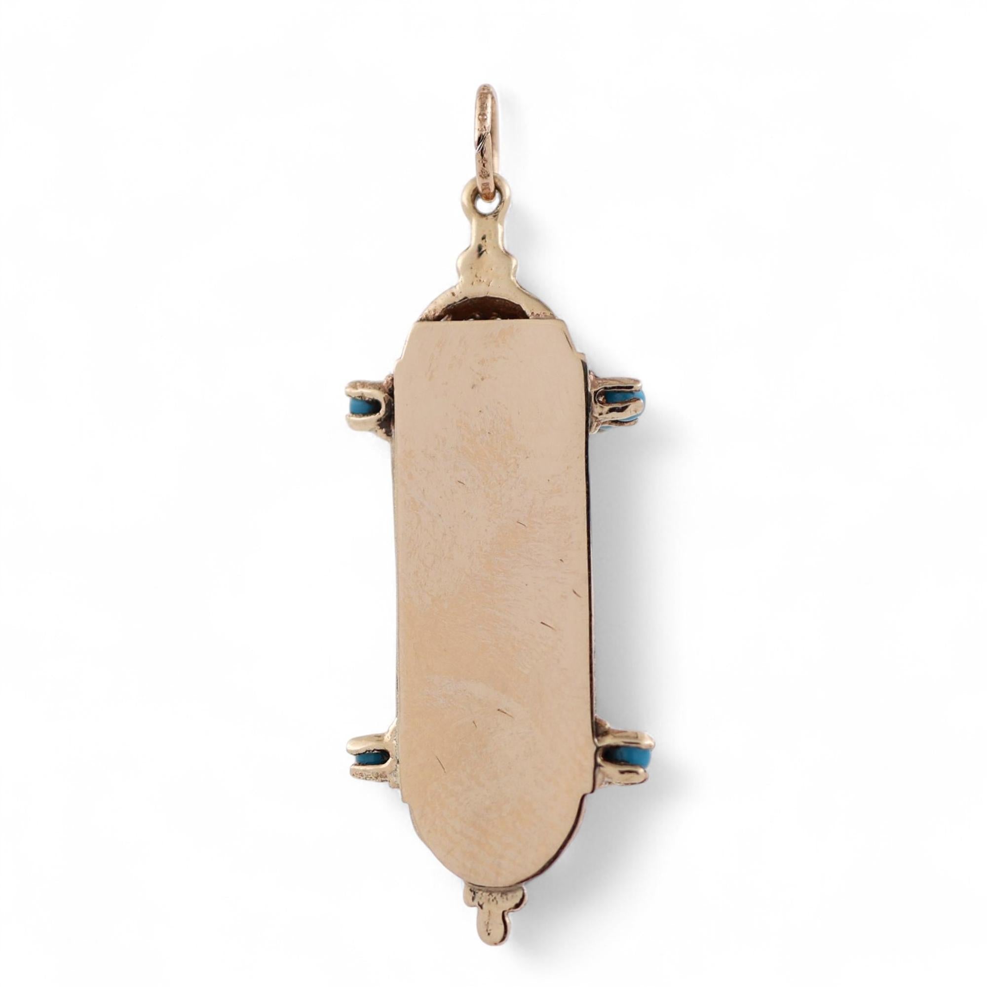 Religious Mezuzah Cover Filigree Charm Pendant 14K Yellow Gold Turquoise Gems