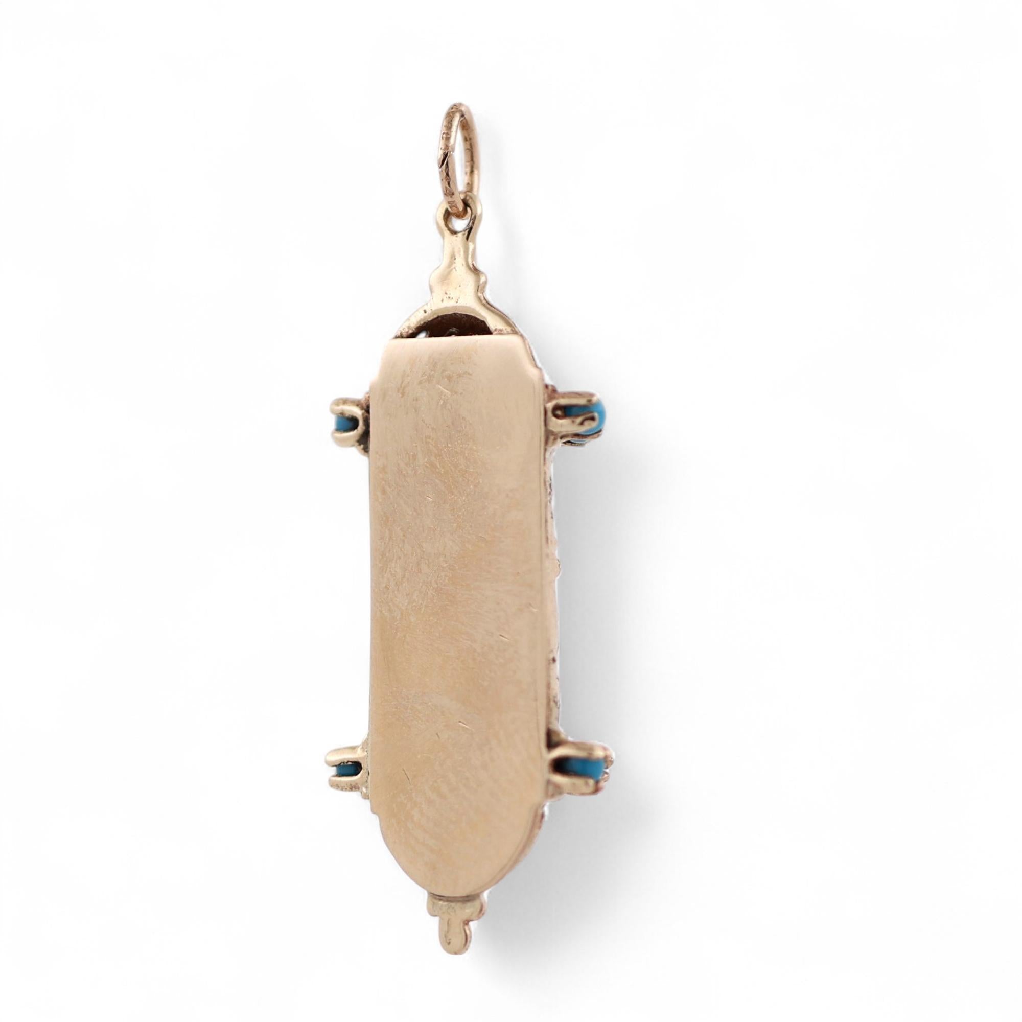 Religious Mezuzah Cover Filigree Charm Pendant 14K Yellow Gold Turquoise Gems