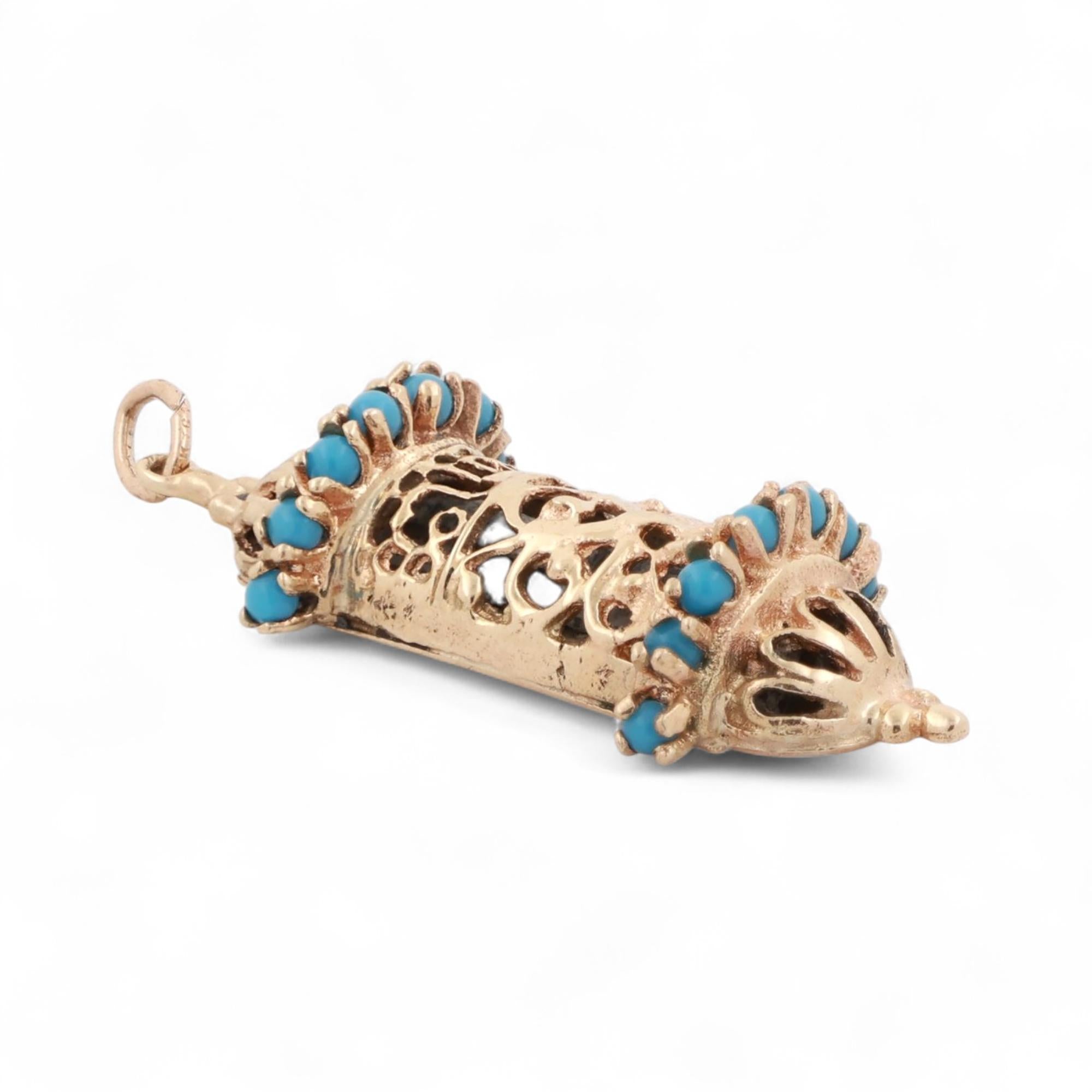 Religious Mezuzah Cover Filigree Charm Pendant 14K Yellow Gold Turquoise Gems