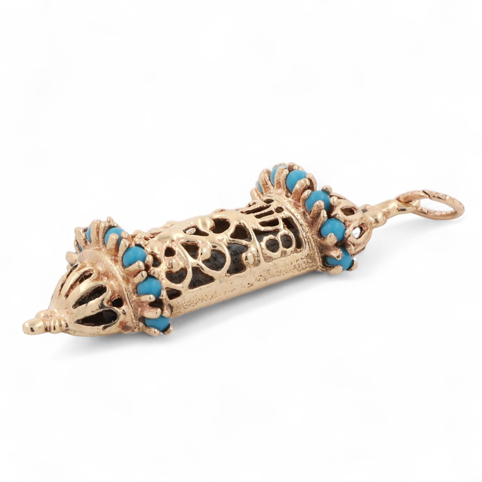 Religious Mezuzah Cover Filigree Charm Pendant 14K Yellow Gold Turquoise Gems