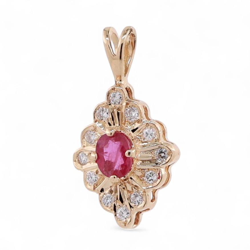 Oval Ruby Halo Diamond Pendant 14K Yellow Gold 0.40 CTW 0.75" Estate