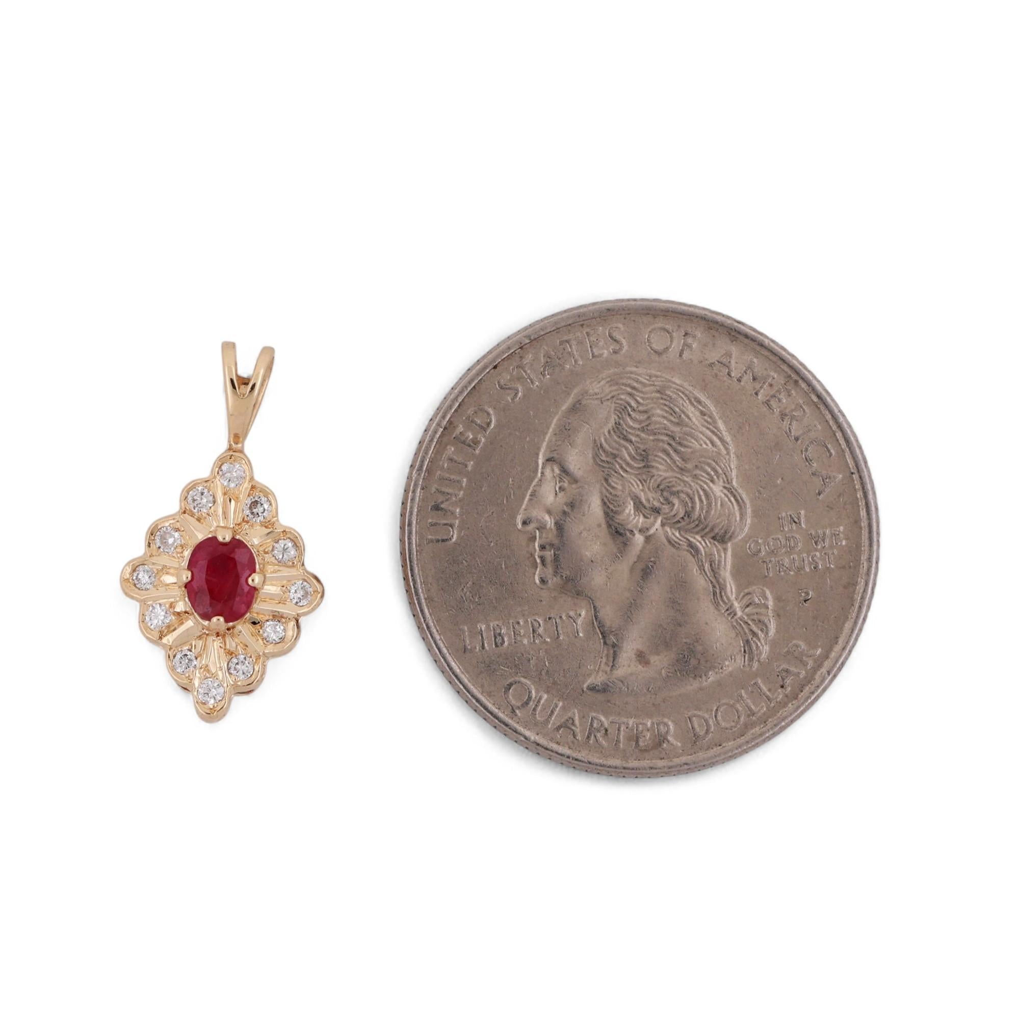 Oval Ruby Halo Diamond Pendant 14K Yellow Gold 0.40 CTW 0.75" Estate