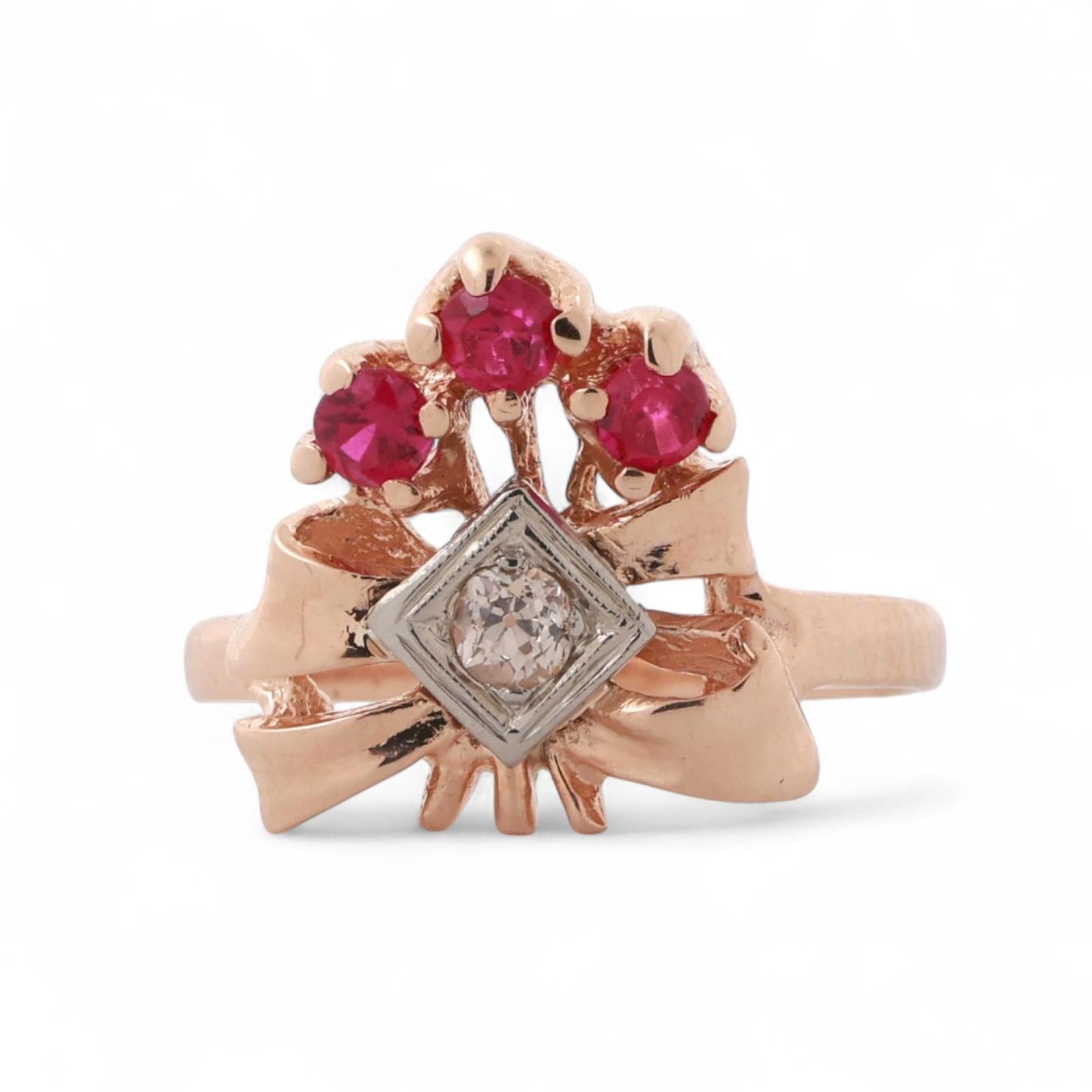 Old Euro Diamond Ruby Accent Bow Ring 14K Gold 0.60 CTW Size 7.25 Ladies Estate