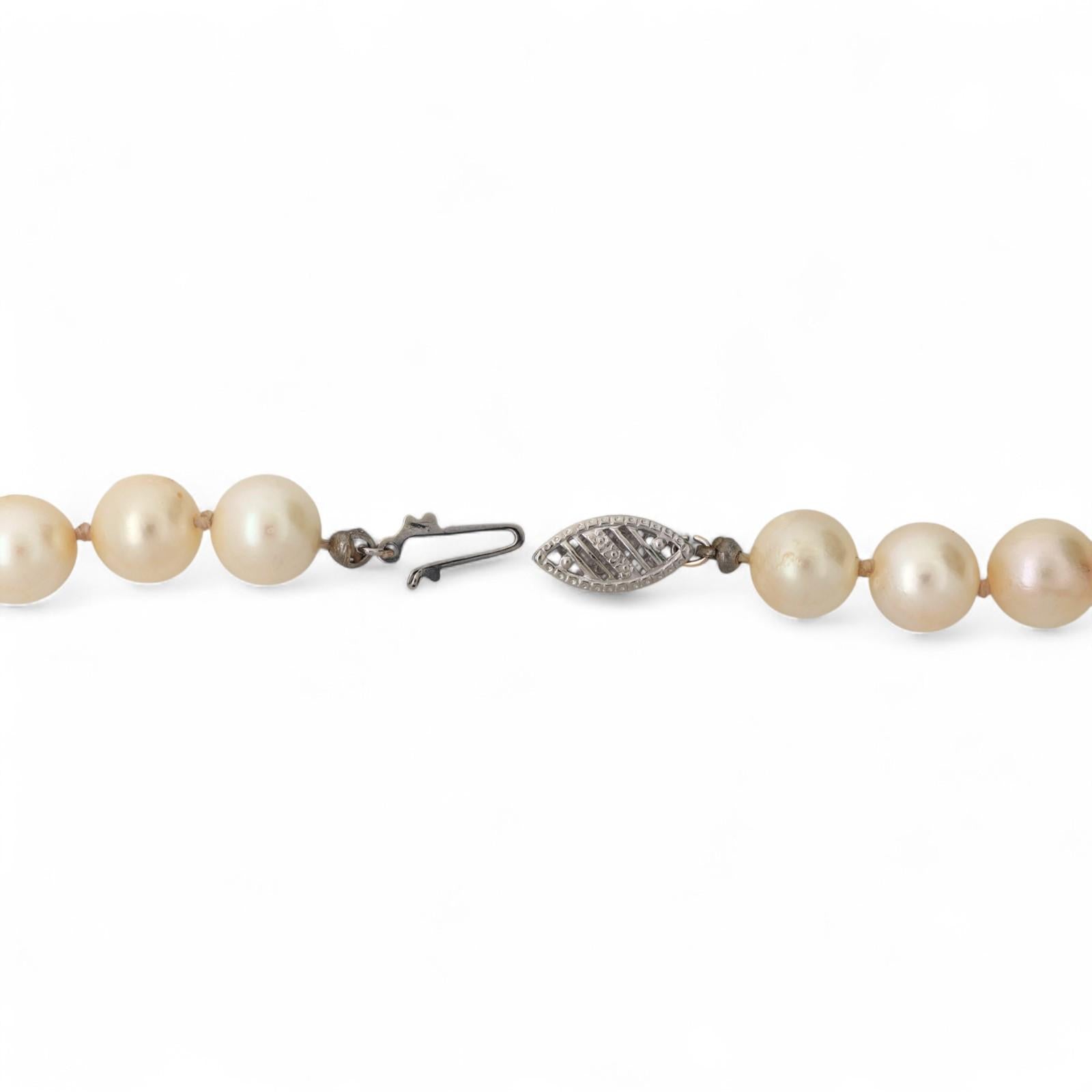 Vintage Cultured Akoya Pearl Necklace 14K White Gold Filigree Clasp 16.5" Estate