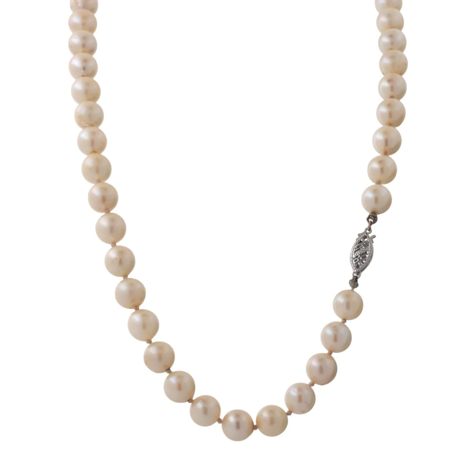 Vintage Cultured Akoya Pearl Necklace 14K White Gold Filigree Clasp 16.5" Estate