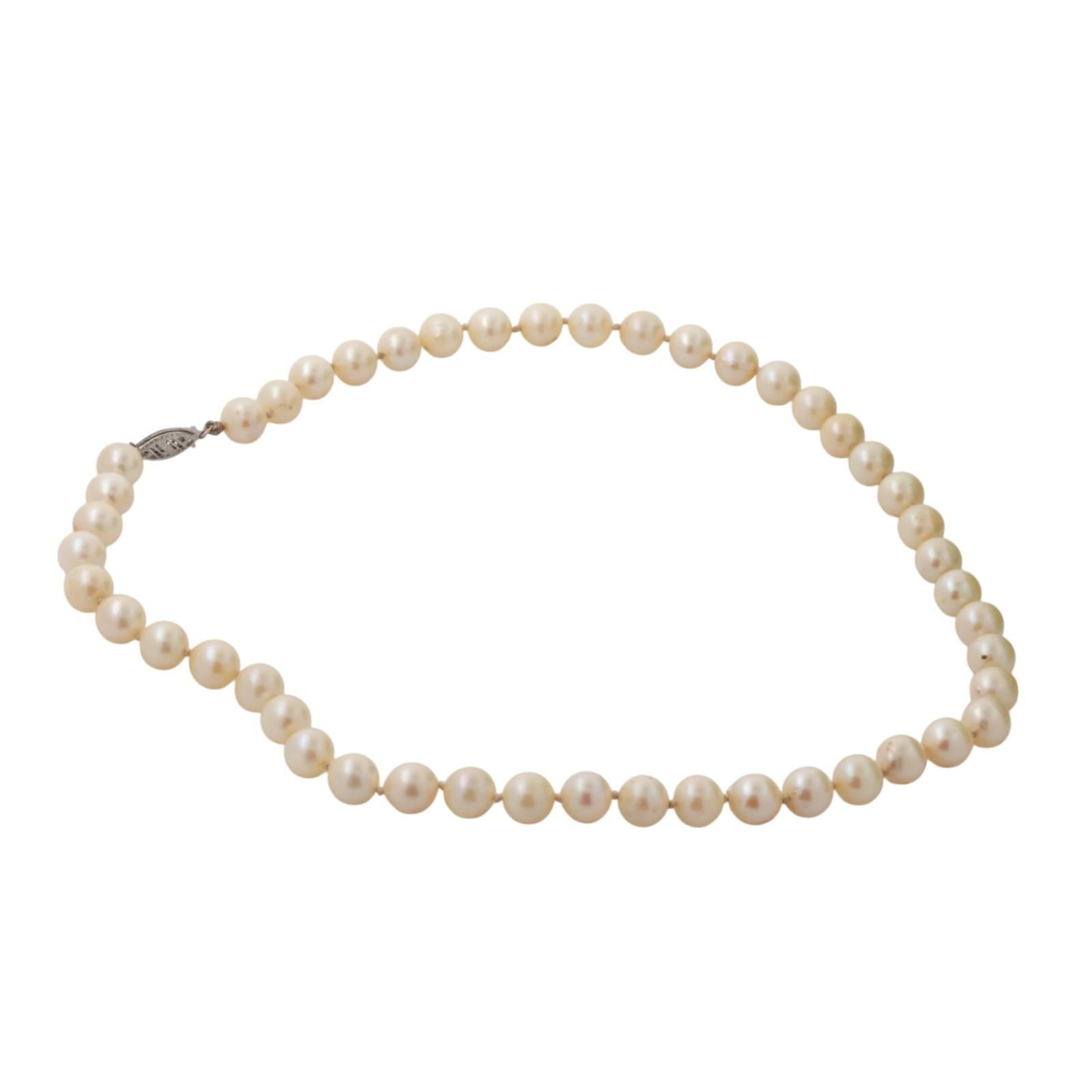 Vintage Cultured Akoya Pearl Necklace 14K White Gold Filigree Clasp 16.5" Estate