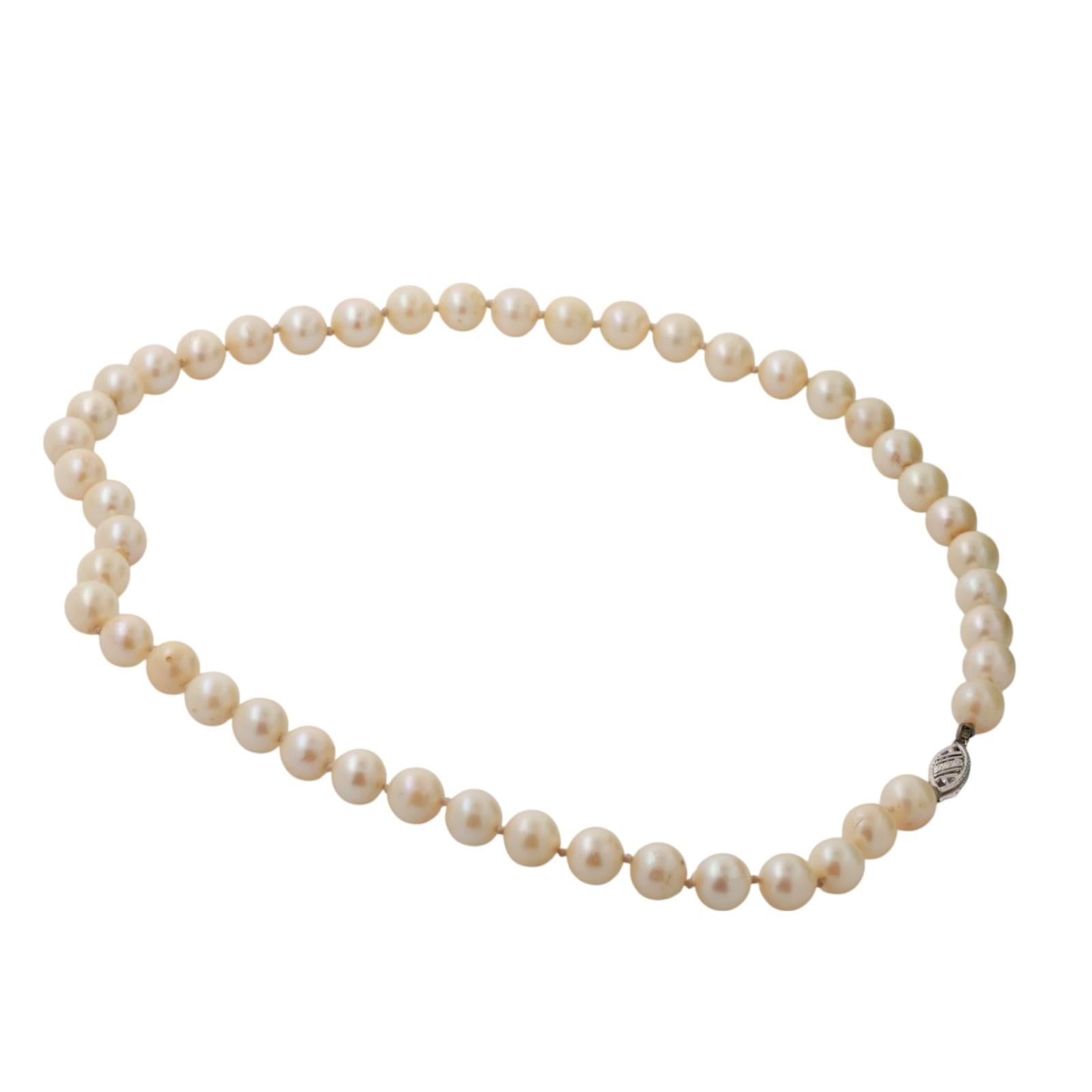 Vintage Cultured Akoya Pearl Necklace 14K White Gold Filigree Clasp 16.5" Estate
