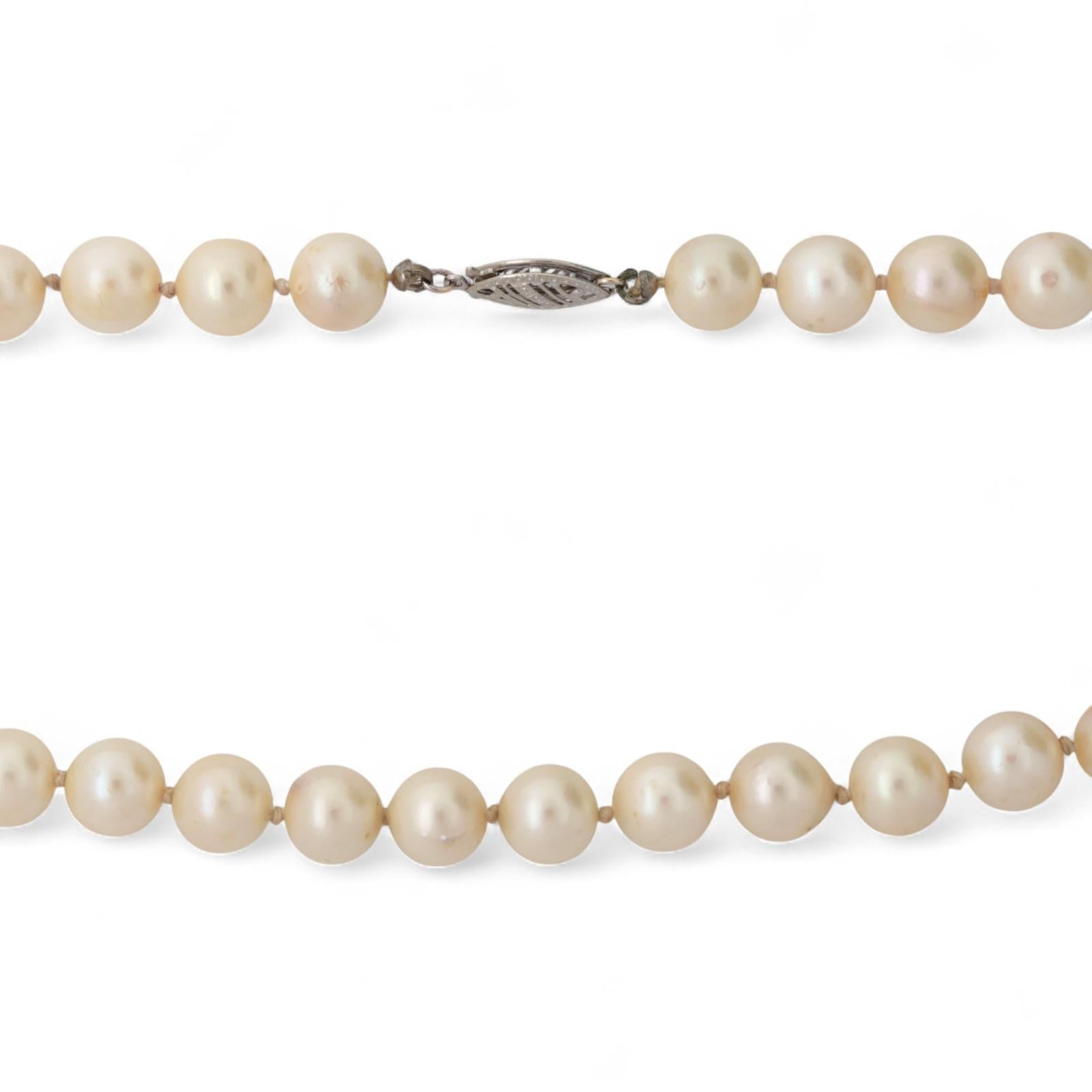 Vintage Cultured Akoya Pearl Necklace 14K White Gold Filigree Clasp 16.5" Estate