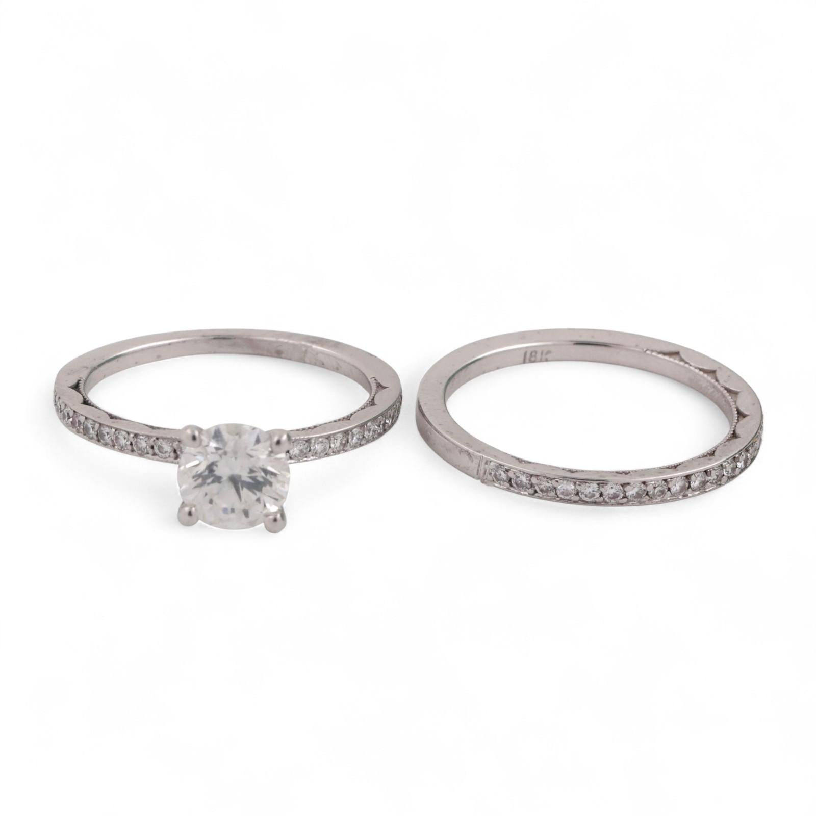1.17 TW GIA Solitaire Round Accent Diamond Wedding Ring Set 18K White Gold 5.25