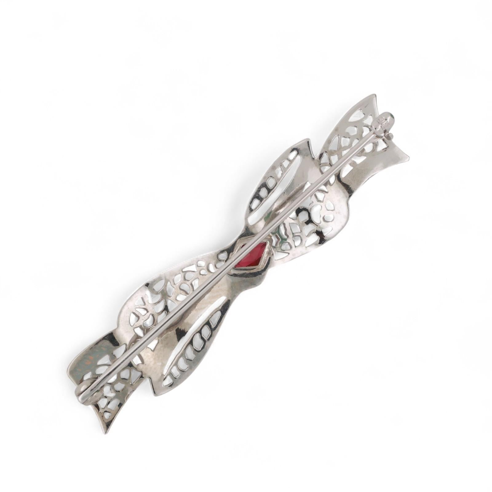 Vintage Ruby Filigree Bow Brooch Pin 10K White Gold 0.16 TW Ladies Estate