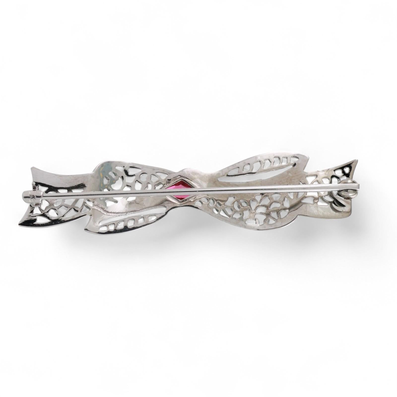 Vintage Ruby Filigree Bow Brooch Pin 10K White Gold 0.16 TW Ladies Estate