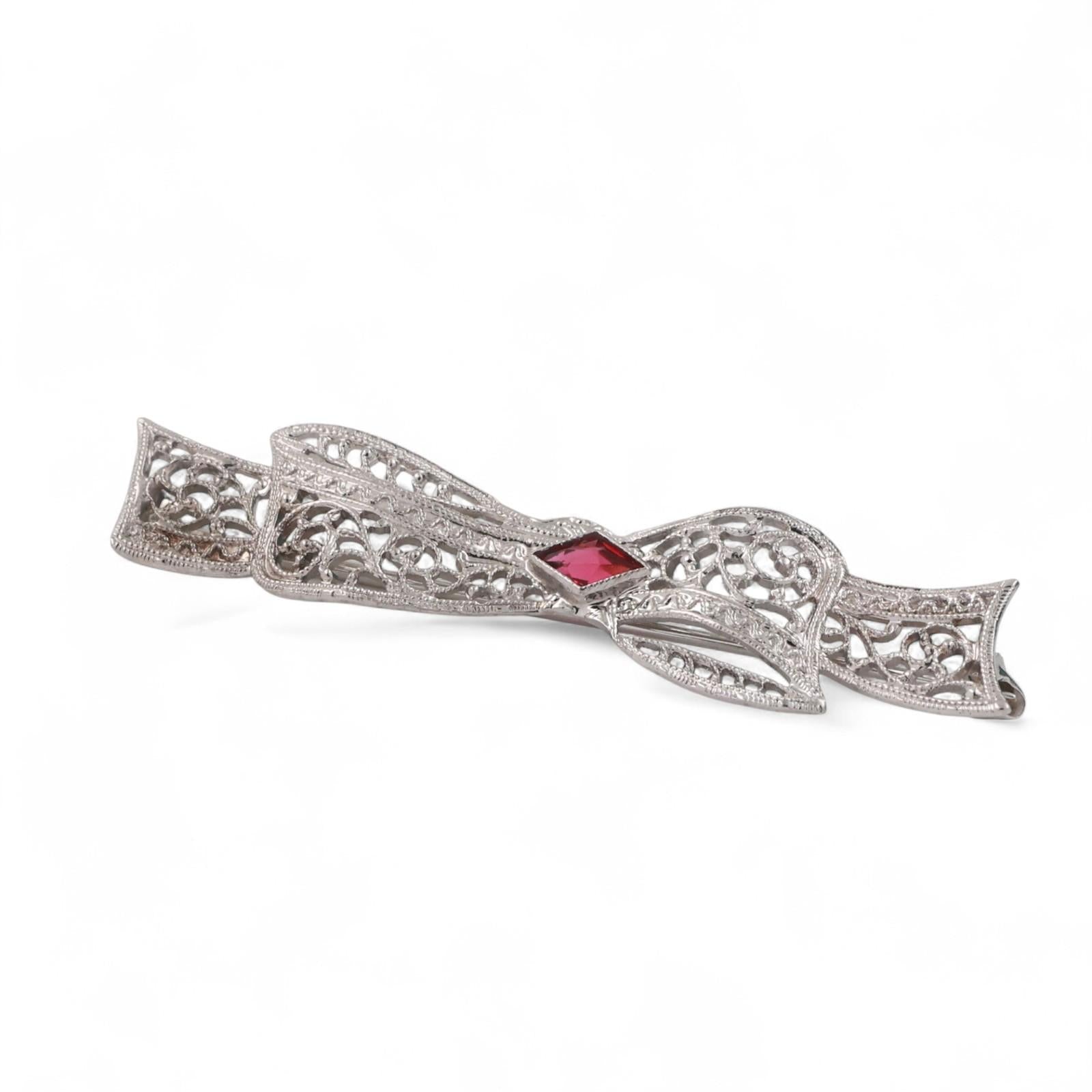 Vintage Ruby Filigree Bow Brooch Pin 10K White Gold 0.16 TW Ladies Estate