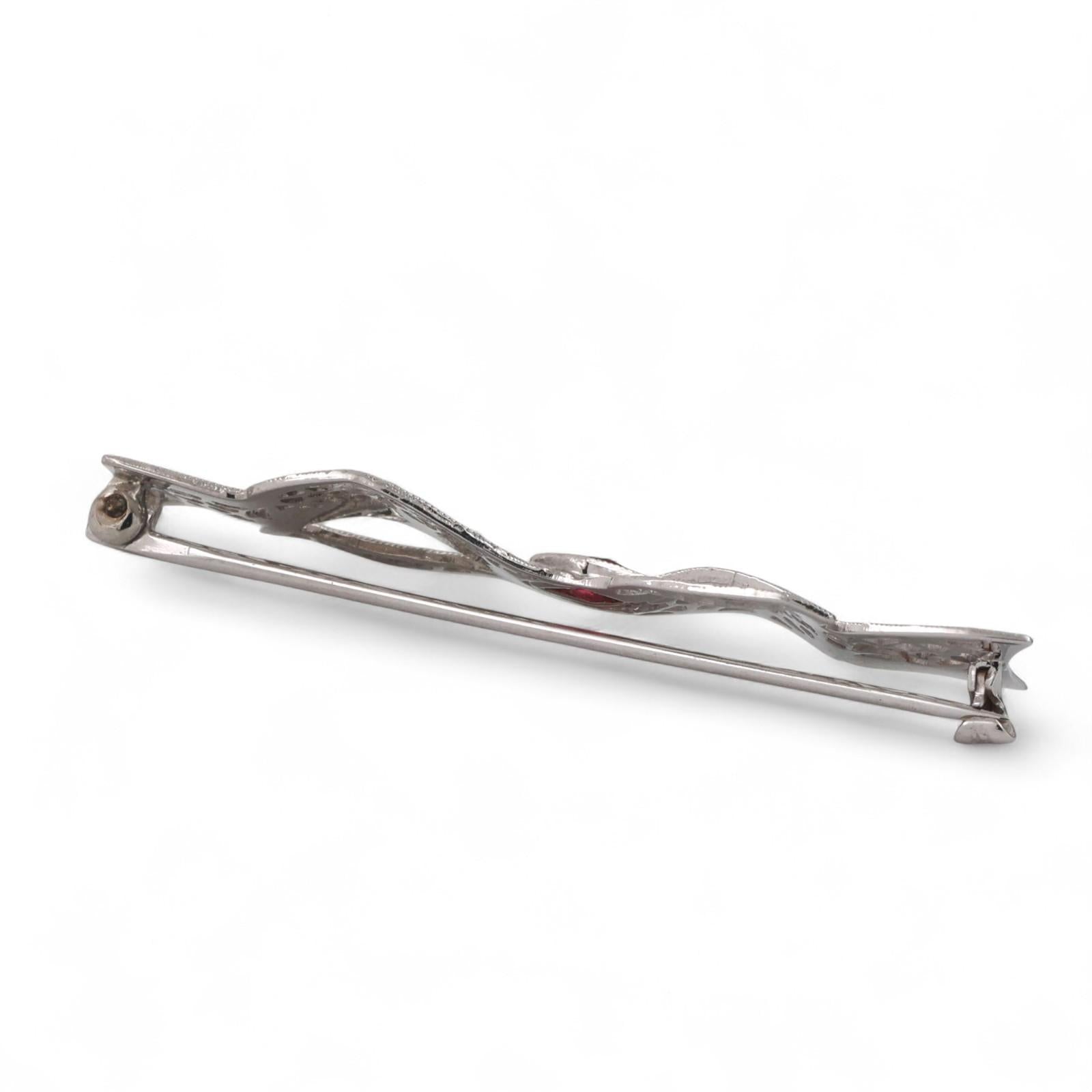 Vintage Ruby Filigree Bow Brooch Pin 10K White Gold 0.16 TW Ladies Estate
