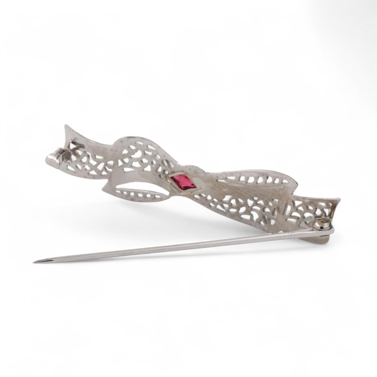 Vintage Ruby Filigree Bow Brooch Pin 10K White Gold 0.16 TW Ladies Estate