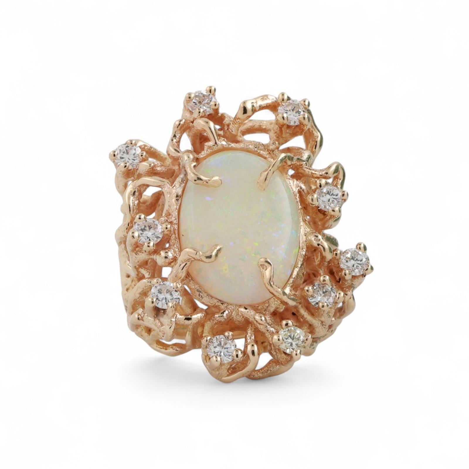 Brutalist Opal Diamond Statement Ring 14K Yellow Gold 7.30 CTW Size 5.25 Estate
