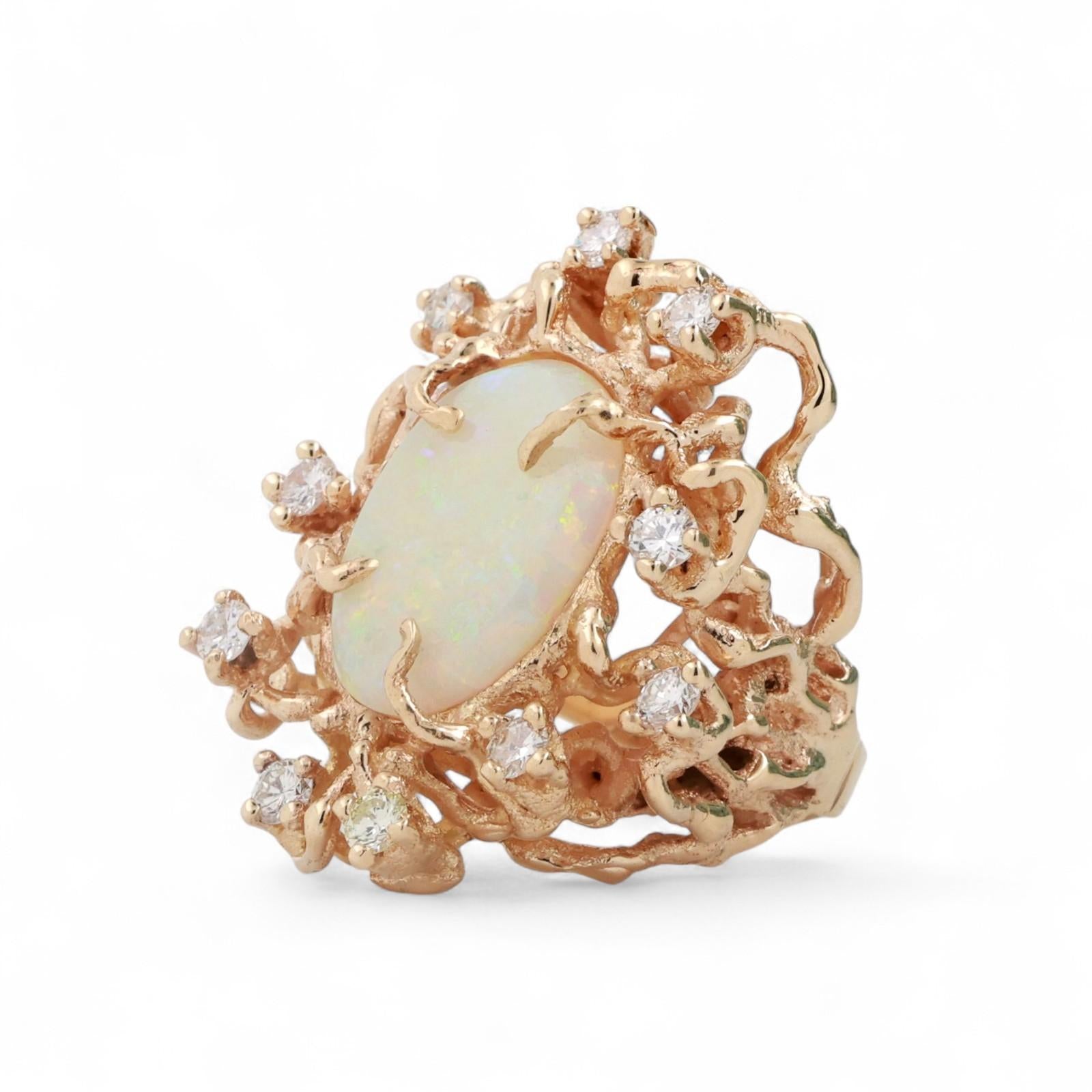 Brutalist Opal Diamond Statement Ring 14K Yellow Gold 7.30 CTW Size 5.25 Estate
