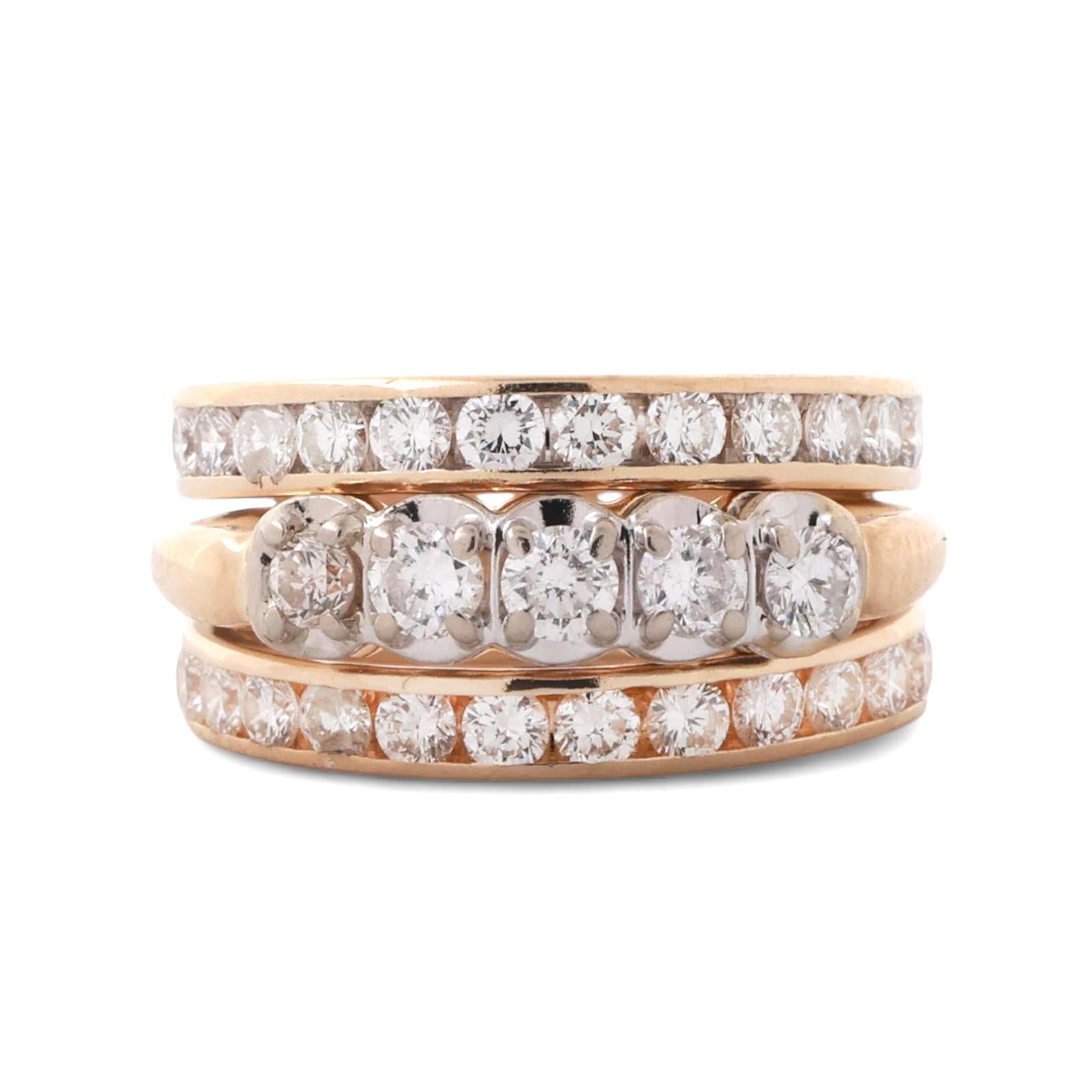 3-Row Diamond Wide Band Ring 14K Gold 1.50 TW Round Diamonds Size 6.5 Estate