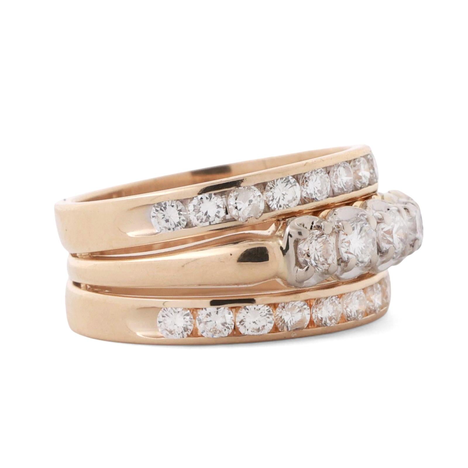3-Row Diamond Wide Band Ring 14K Gold 1.50 TW Round Diamonds Size 6.5 Estate