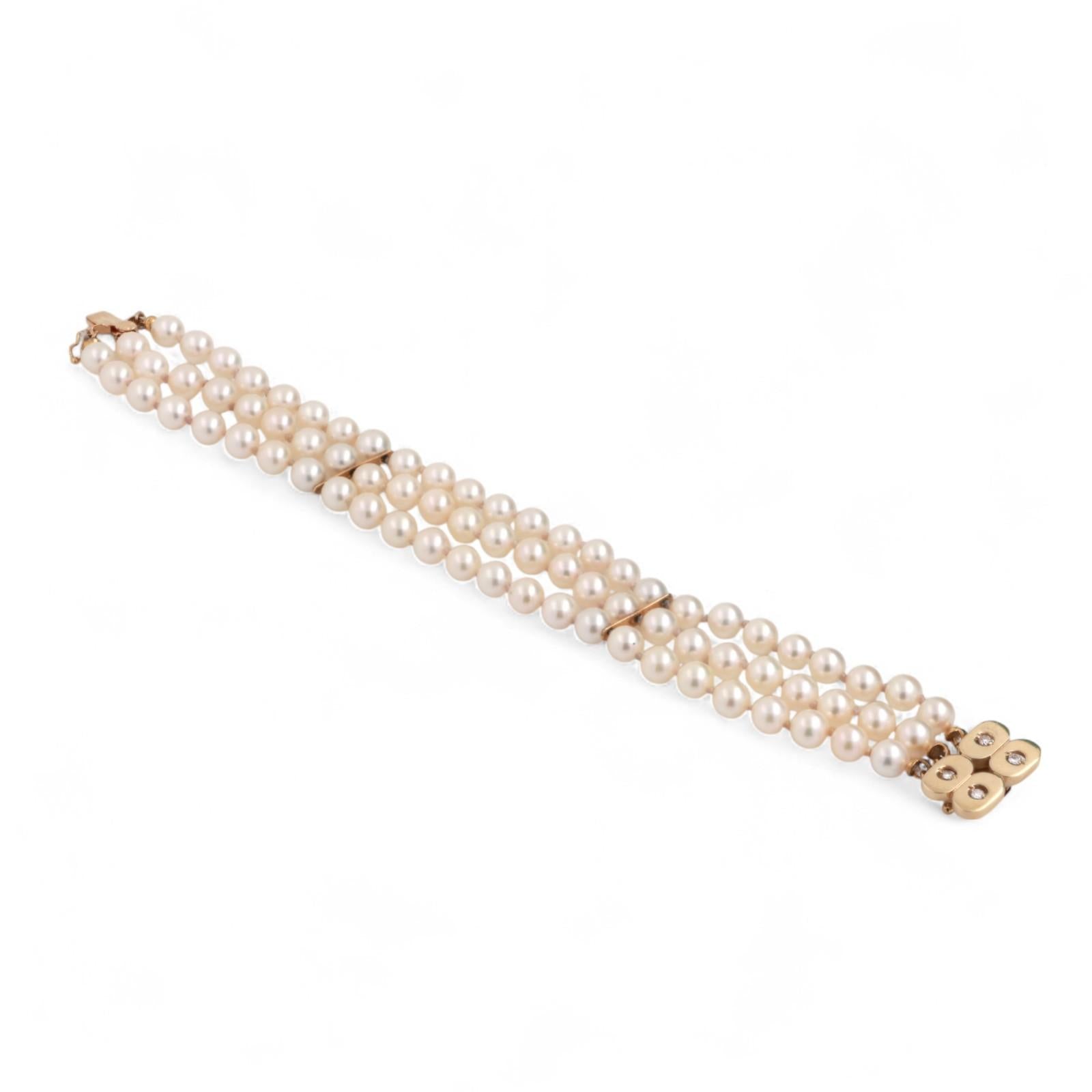 3-Strand Akoya Pearl Diamond Bracelet 14K Yellow Gold 0.12 TW 7" Ladies Estate