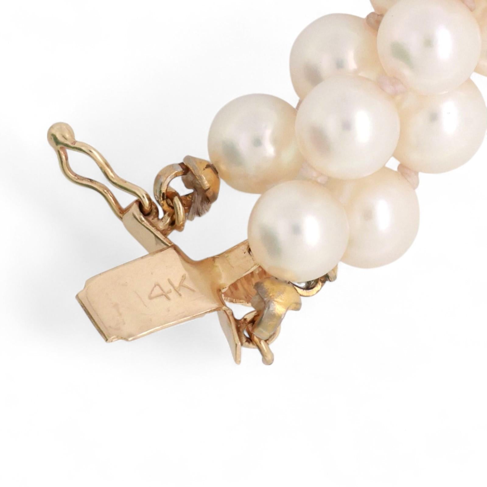 3-Strand Akoya Pearl Diamond Bracelet 14K Yellow Gold 0.12 TW 7" Ladies Estate