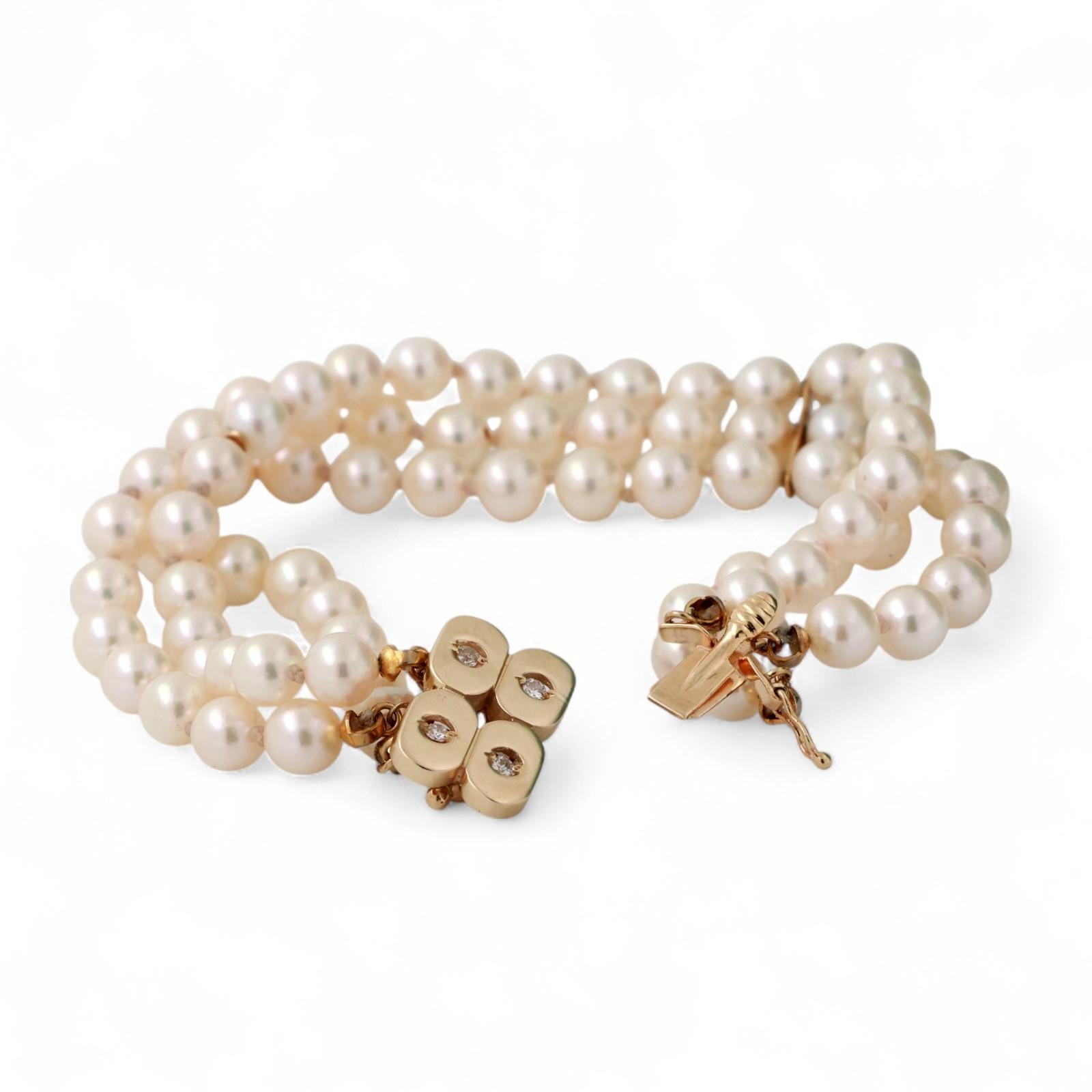 3-Strand Akoya Pearl Diamond Bracelet 14K Yellow Gold 0.12 TW 7" Ladies Estate