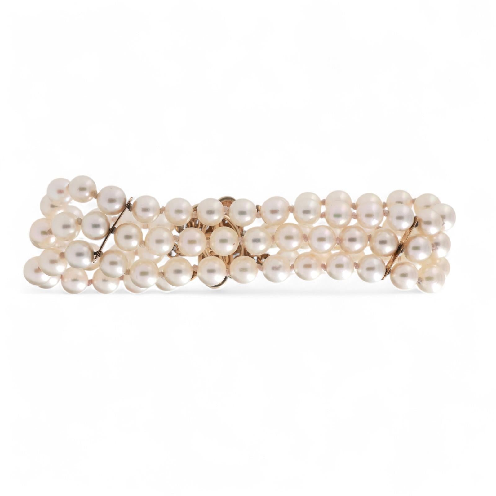 3-Strand Akoya Pearl Diamond Bracelet 14K Yellow Gold 0.12 TW 7" Ladies Estate