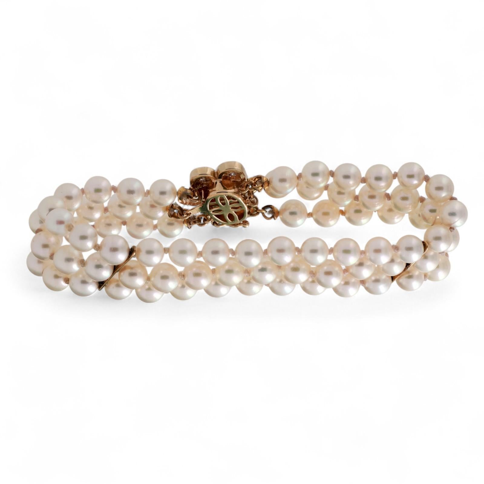 3-Strand Akoya Pearl Diamond Bracelet 14K Yellow Gold 0.12 TW 7" Ladies Estate