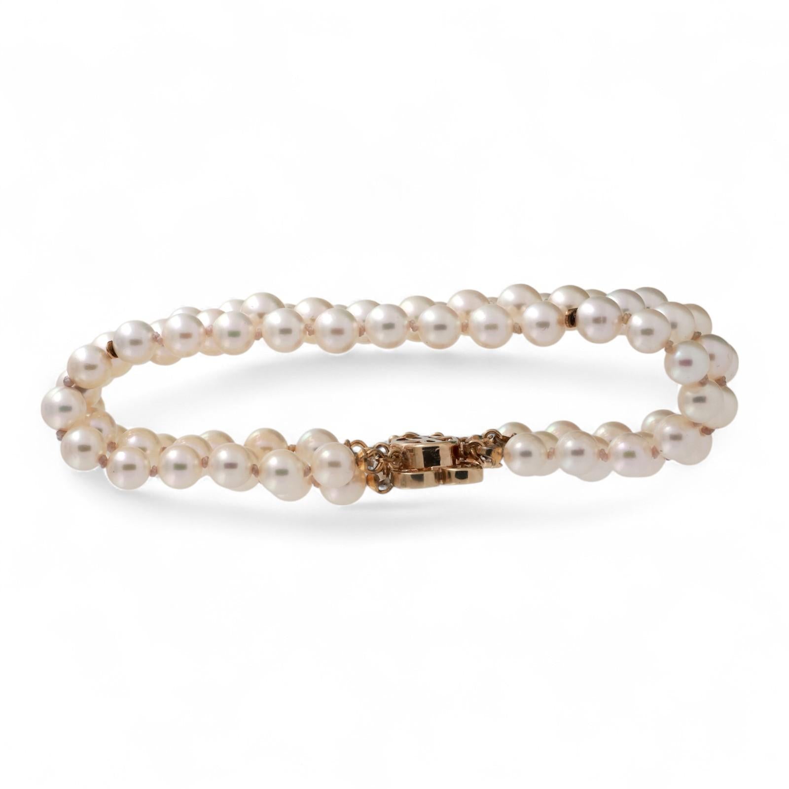 3-Strand Akoya Pearl Diamond Bracelet 14K Yellow Gold 0.12 TW 7" Ladies Estate