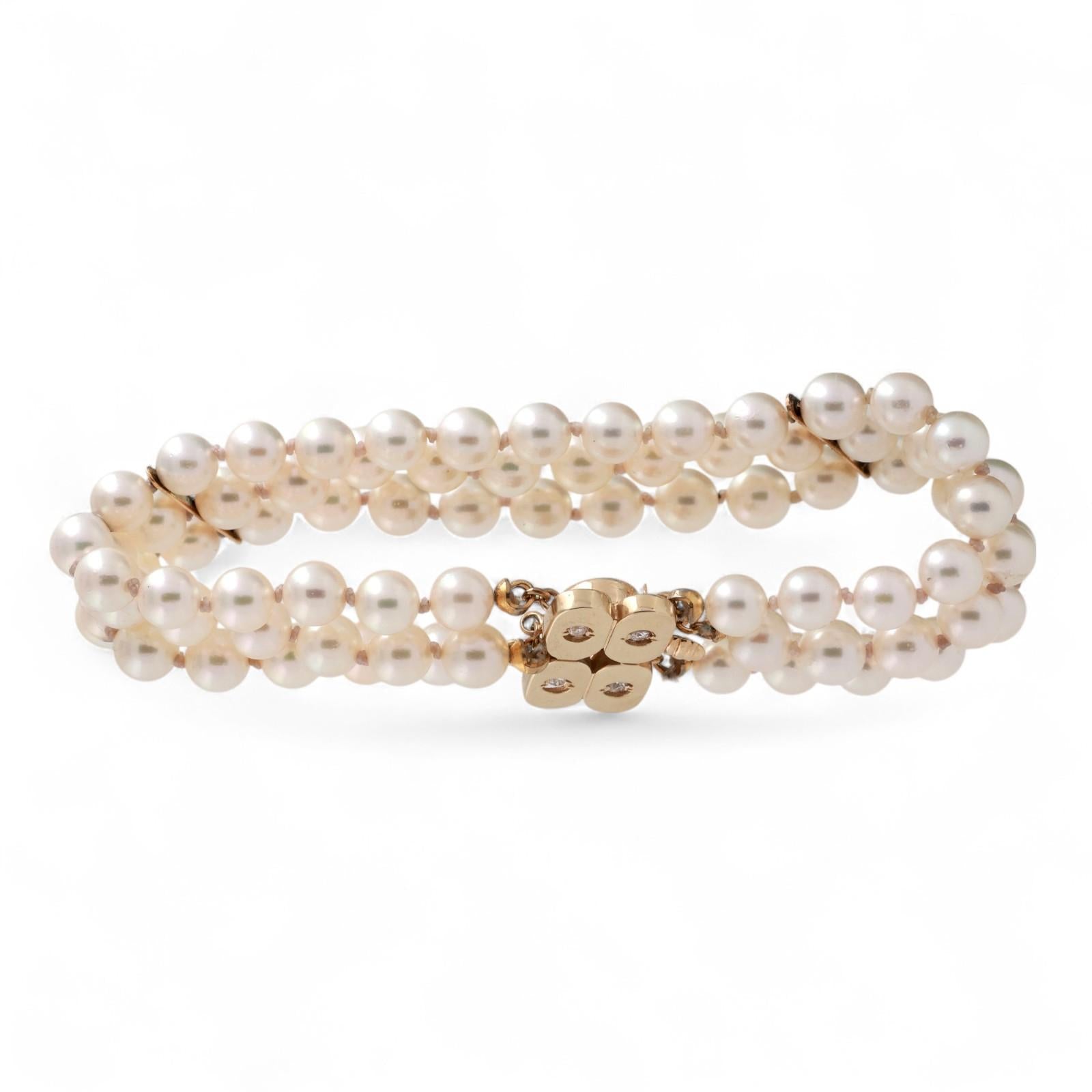 3-Strand Akoya Pearl Diamond Bracelet 14K Yellow Gold 0.12 TW 7" Ladies Estate