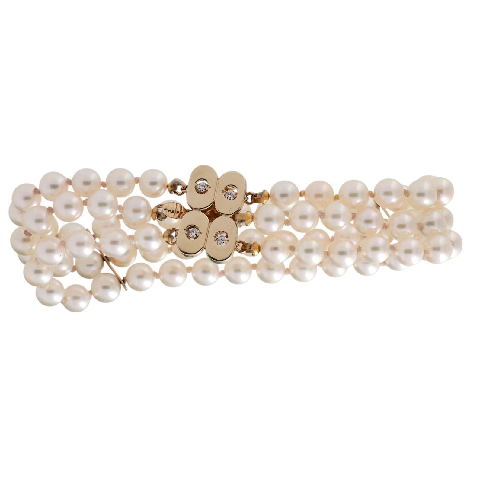 3-Strand Akoya Pearl Diamond Bracelet 14K Yellow Gold 0.12 TW 7" Ladies Estate