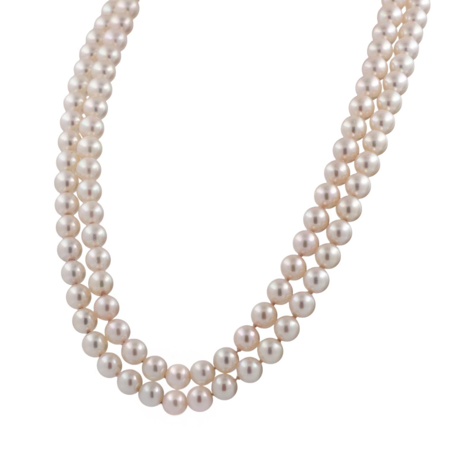 MikiMoto 2-Strand Akoya Pearl Necklace 18K Yellow Gold Clasp 17" Ladies Estate