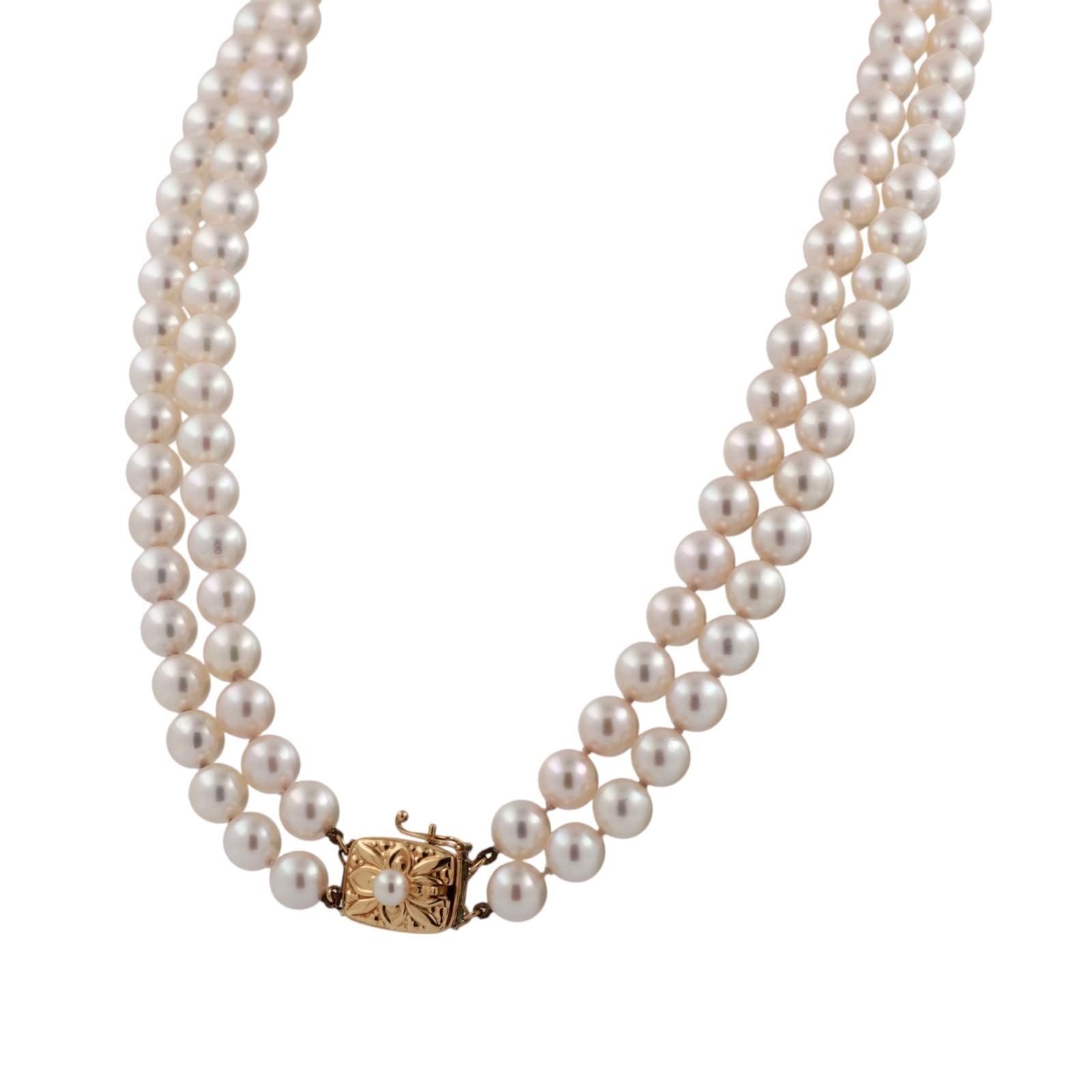 MikiMoto 2-Strand Akoya Pearl Necklace 18K Yellow Gold Clasp 17" Ladies Estate