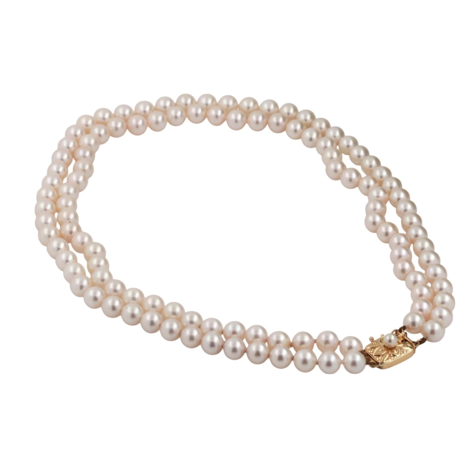 MikiMoto 2-Strand Akoya Pearl Necklace 18K Yellow Gold Clasp 17" Ladies Estate