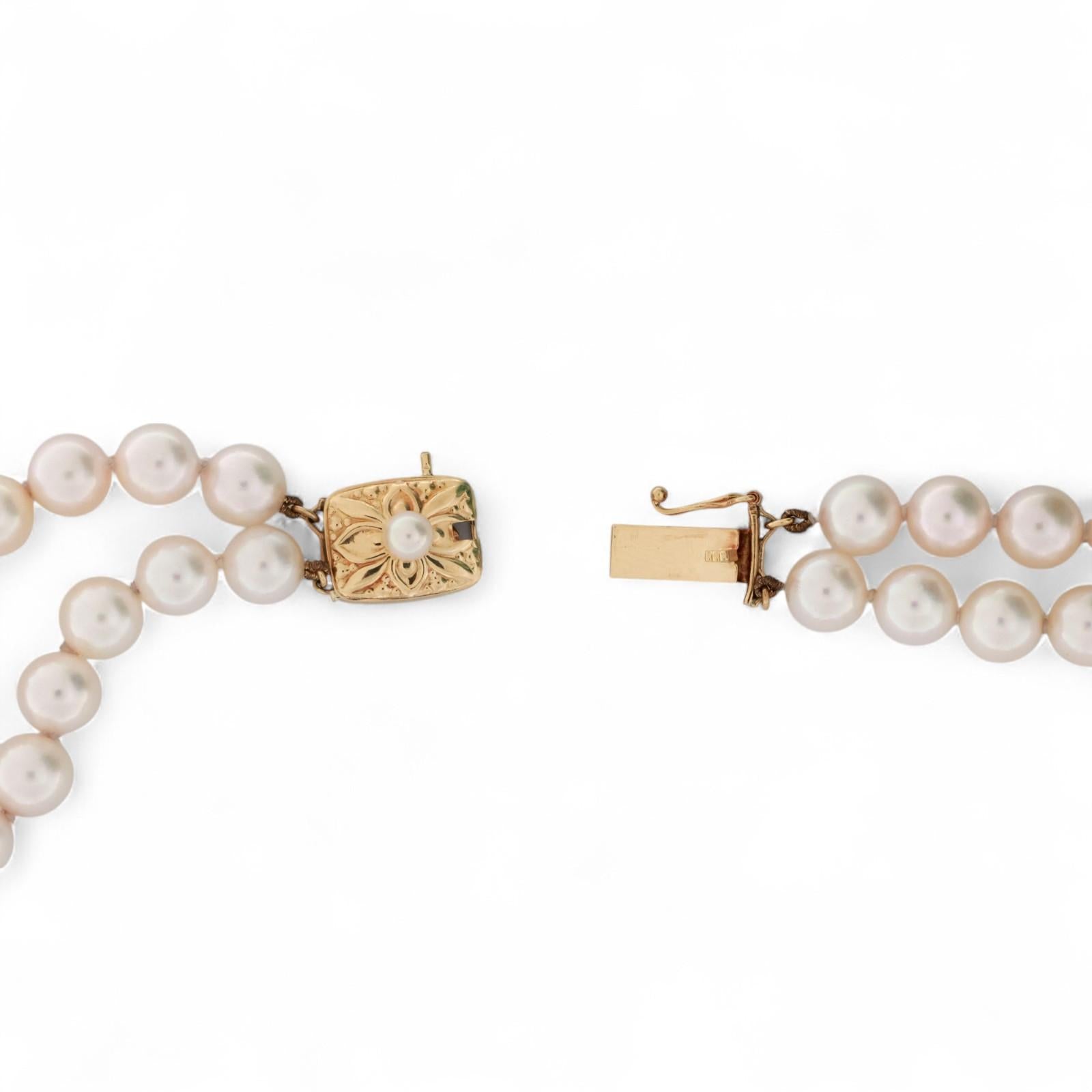 MikiMoto 2-Strand Akoya Pearl Necklace 18K Yellow Gold Clasp 17" Ladies Estate