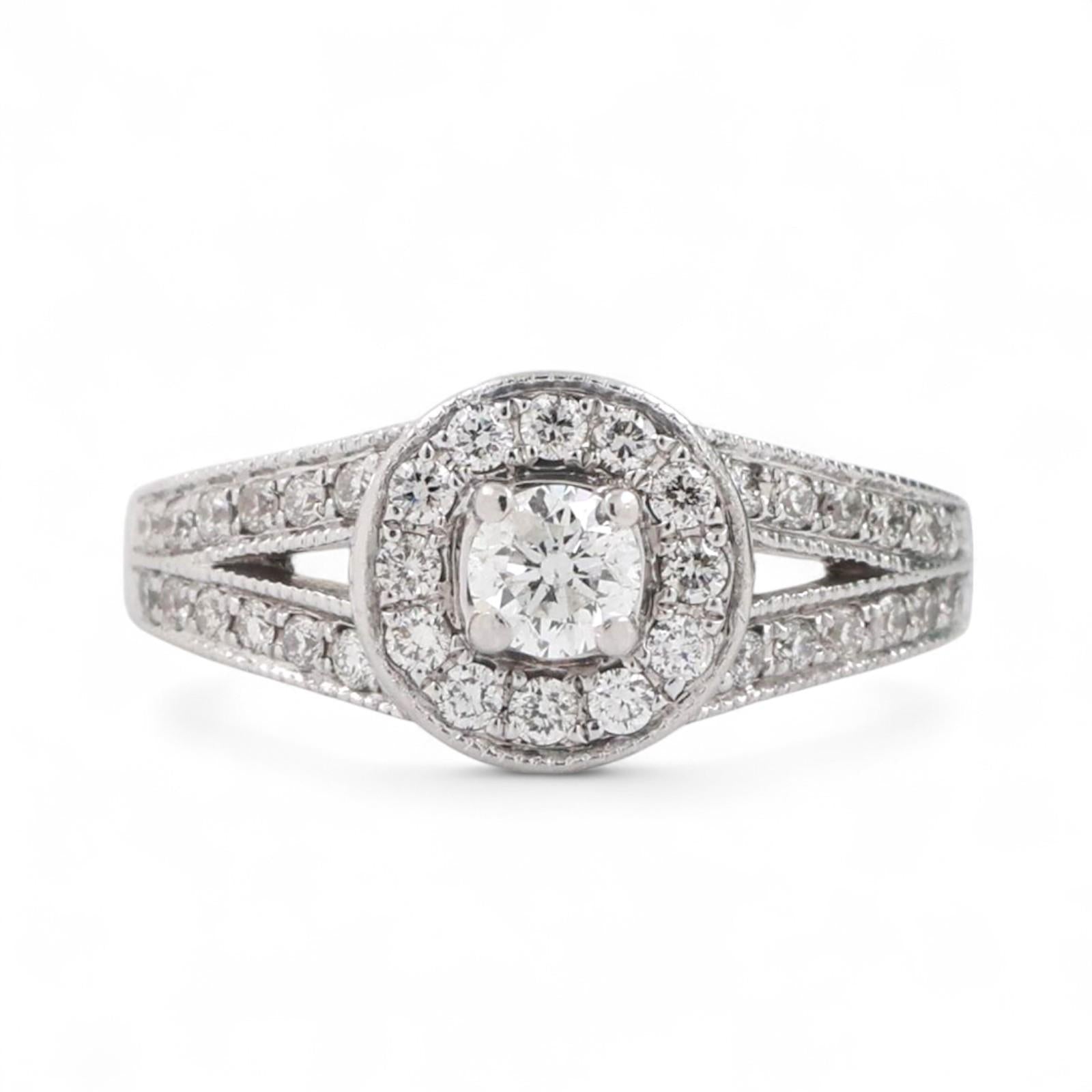 Halo Diamond Engagement Ring 14K White Gold 0.80 TW Round Diamonds Size 4.75