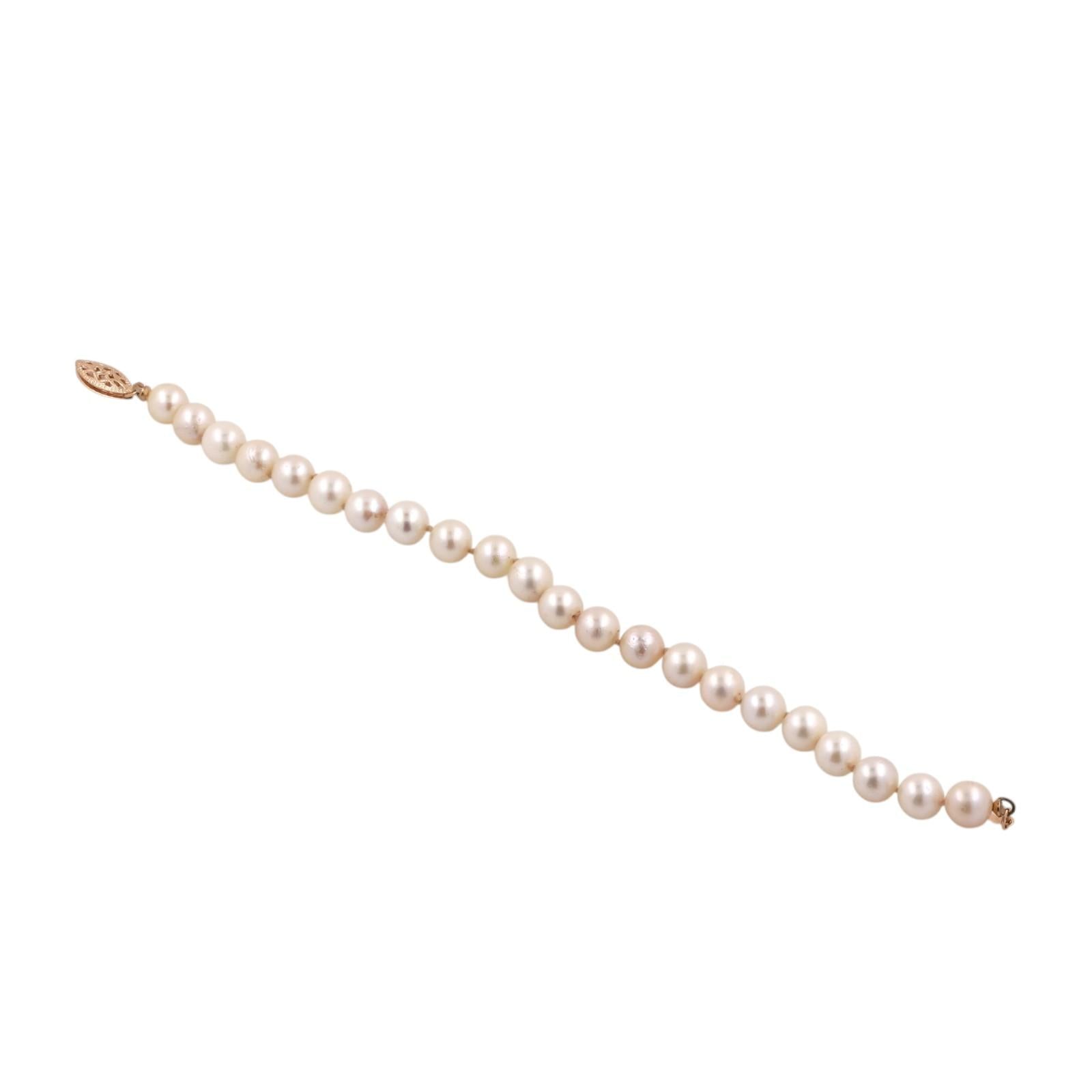 14K Gold 6.8mm Cultured Akoya Pearl Bracelet 7" Filigree Clasp 22 Pearls Estate