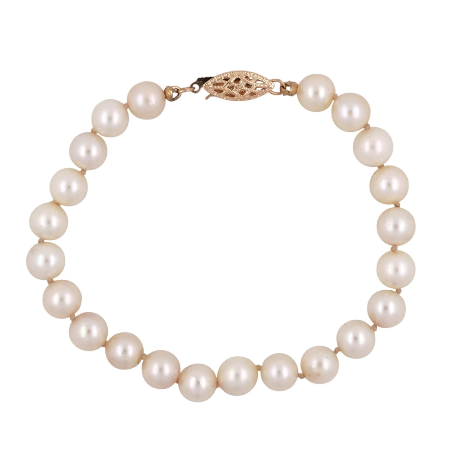 14K Gold 6.8mm Cultured Akoya Pearl Bracelet 7" Filigree Clasp 22 Pearls Estate
