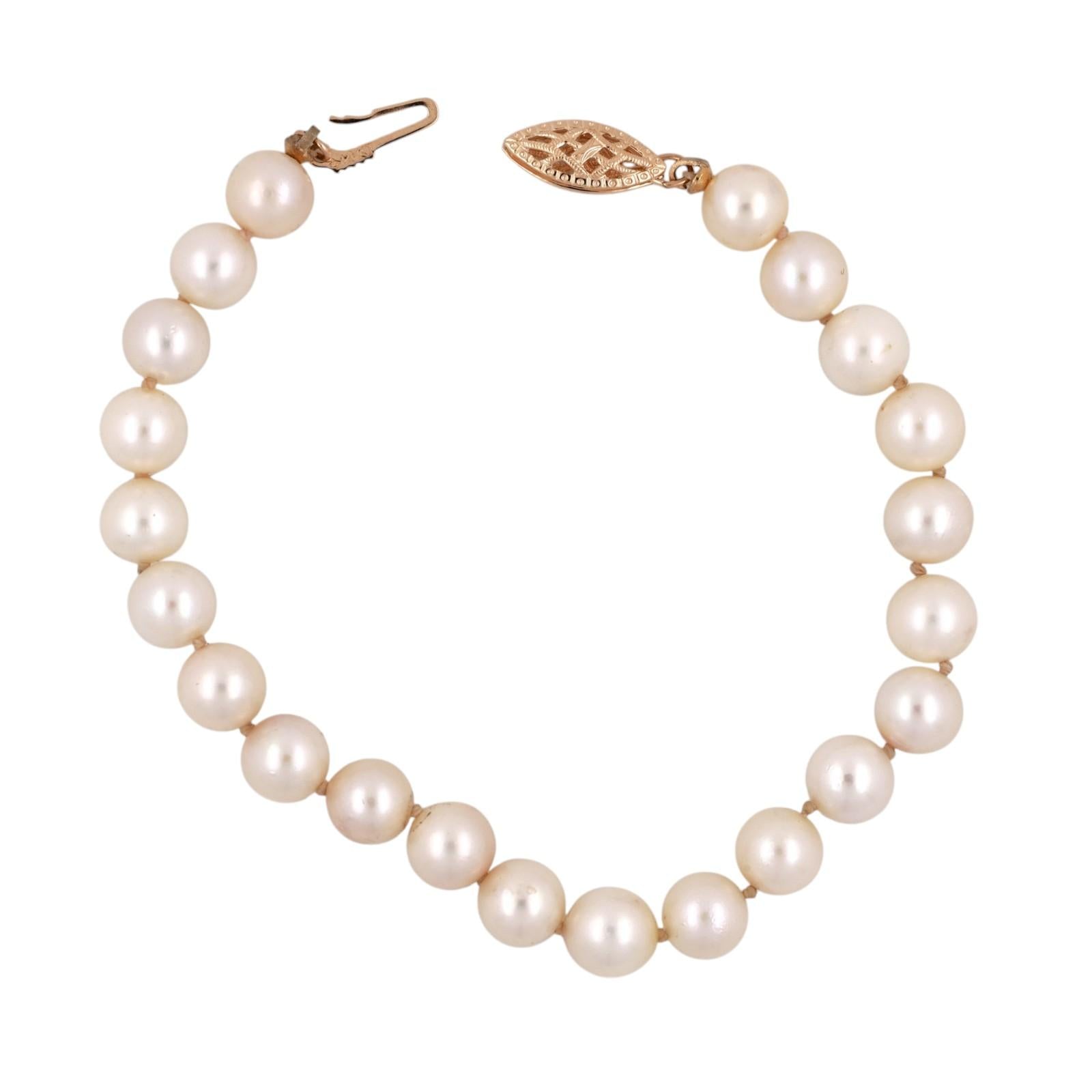 14K Gold 6.8mm Cultured Akoya Pearl Bracelet 7" Filigree Clasp 22 Pearls Estate