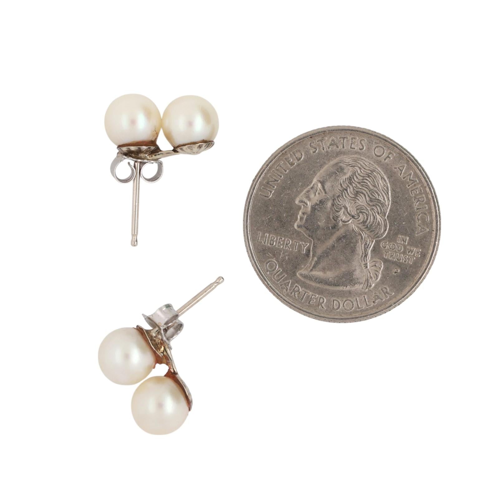 Vintage Double Akoya Pearl Stud Drop Earrings 14K Yellow Gold 0.45" Ladies