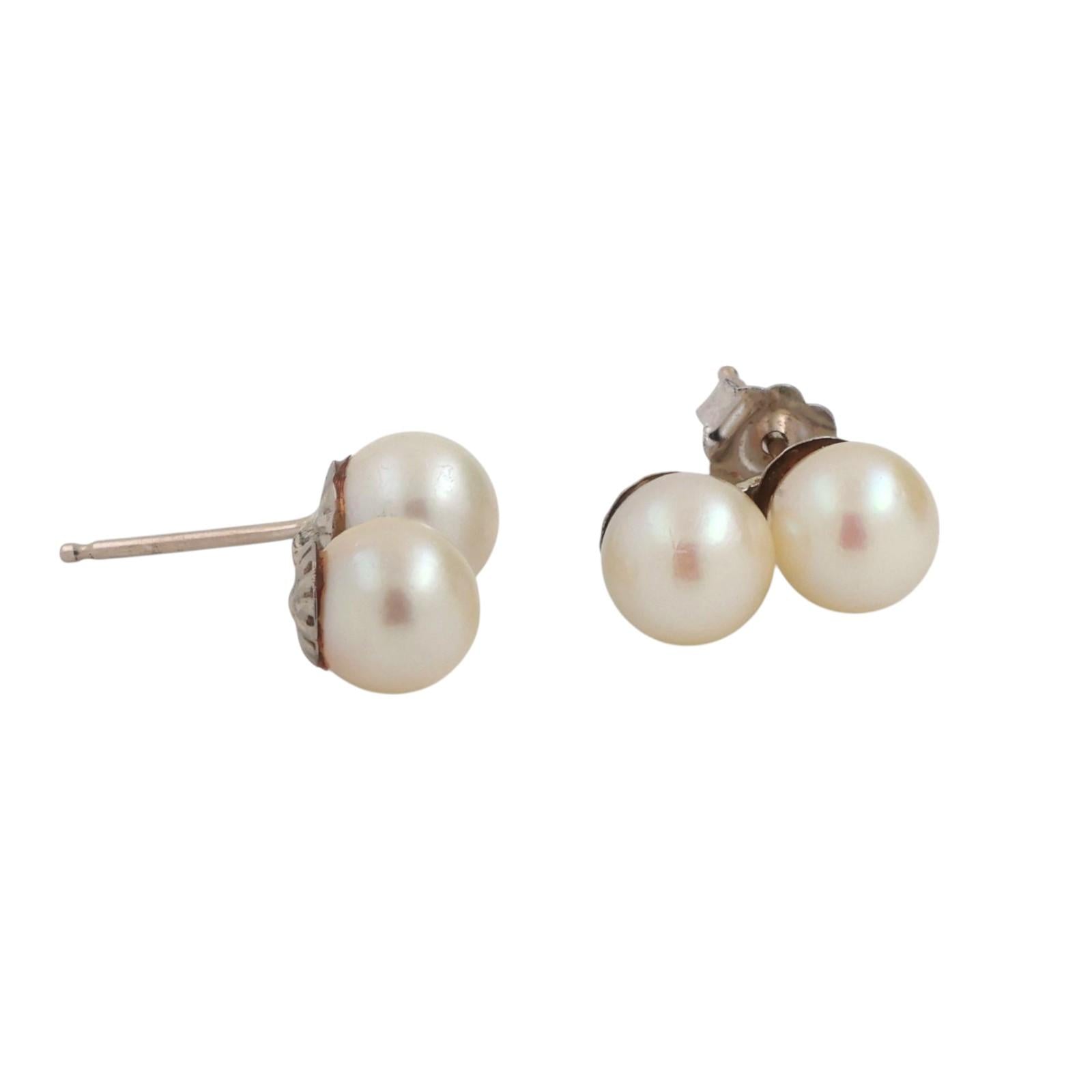 Vintage Double Akoya Pearl Stud Drop Earrings 14K Yellow Gold 0.45" Ladies